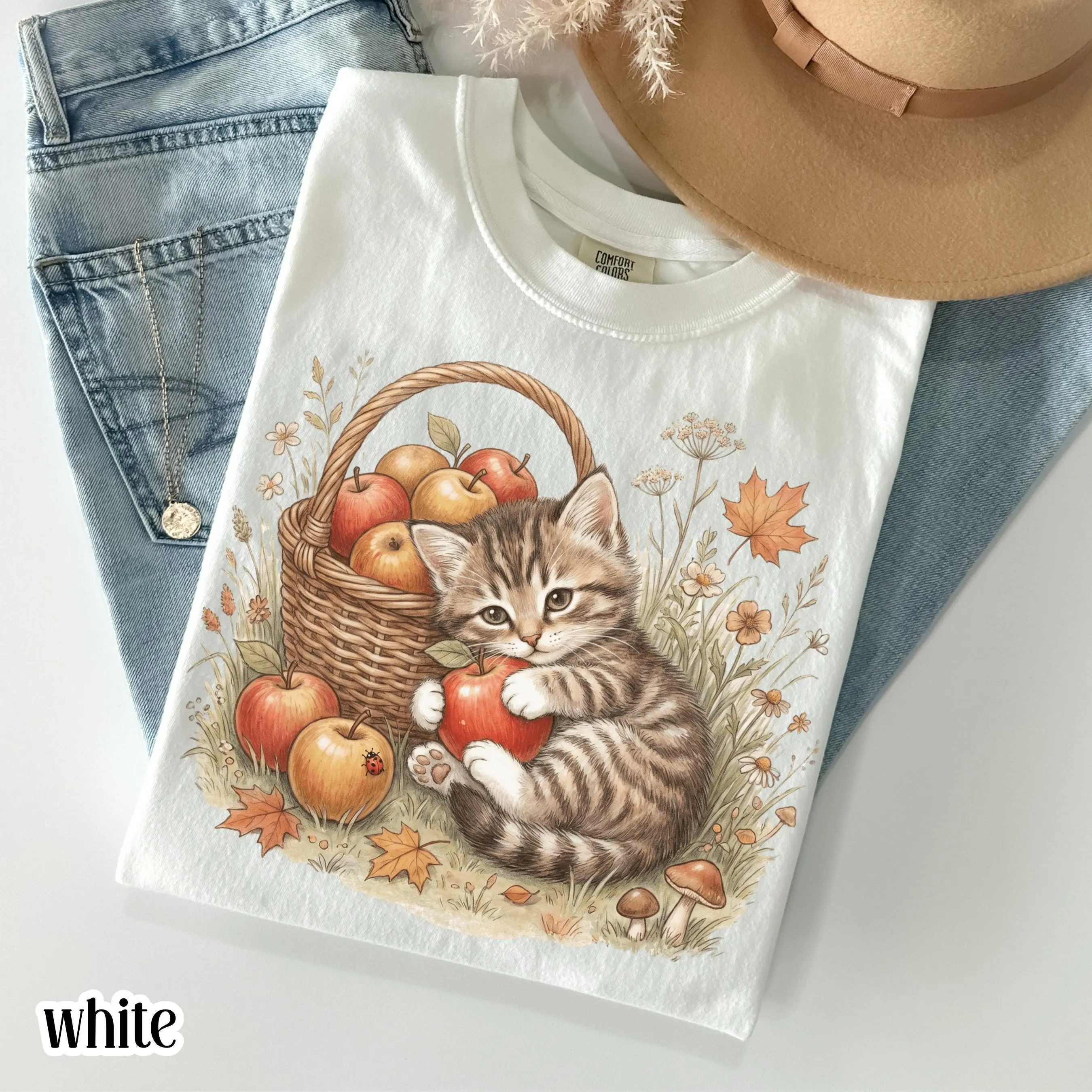 Cat Fall Comfort Colors Shirt, 90s Nostalgia Cozy Season Pumpkin Vintage Kitten With Apples Autumn Thanksgiving Tee