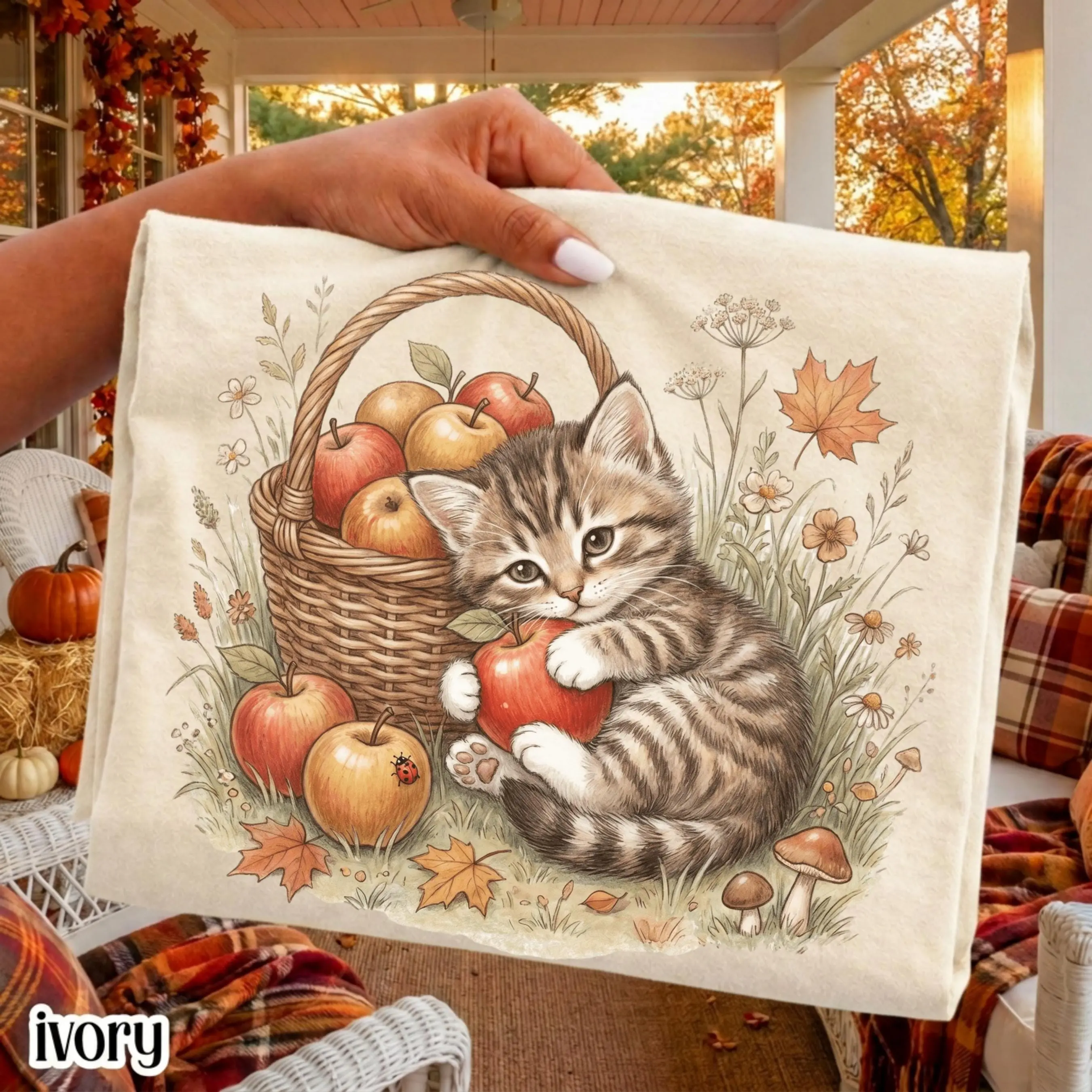 Cat Fall Comfort Colors Shirt, 90s Nostalgia Cozy Season Pumpkin Vintage Kitten With Apples Autumn Thanksgiving Tee - photo 2