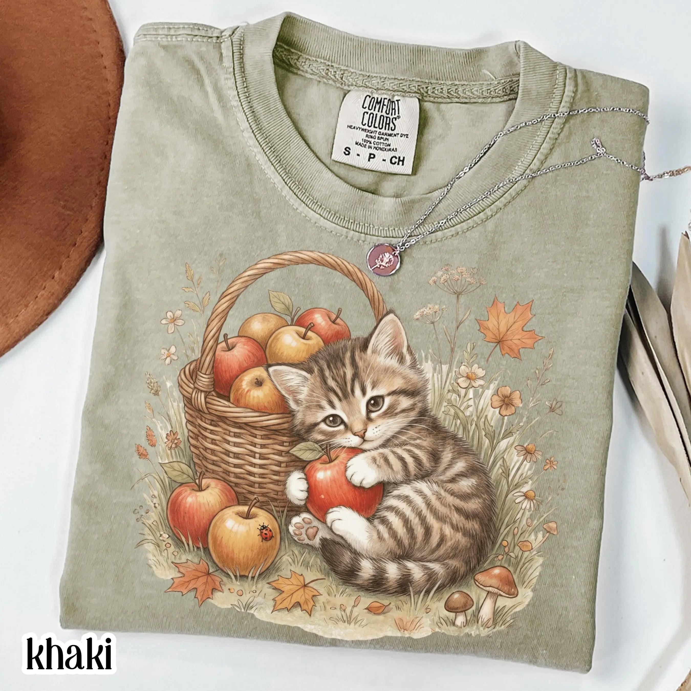 Cat Fall Comfort Colors Shirt, 90s Nostalgia Cozy Season Pumpkin Vintage Kitten With Apples Autumn Thanksgiving Tee - photo 3
