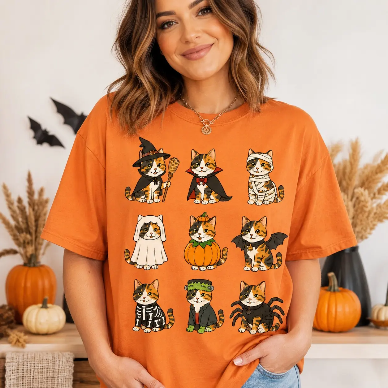 Comfort Colors Halloween Cat Mom Shirt, Spooky Season Black White Calico Tee, Cute Fall Lover Gift - photo 2