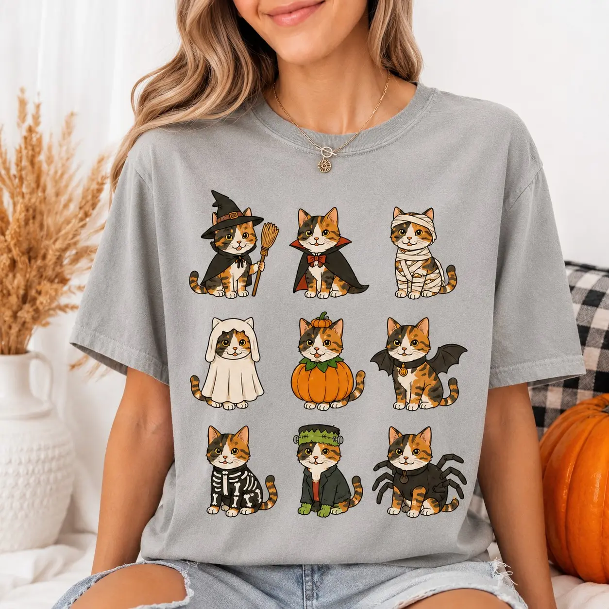 Comfort Colors Halloween Cat Mom Shirt, Spooky Season Black White Calico Tee, Cute Fall Lover Gift - photo 3