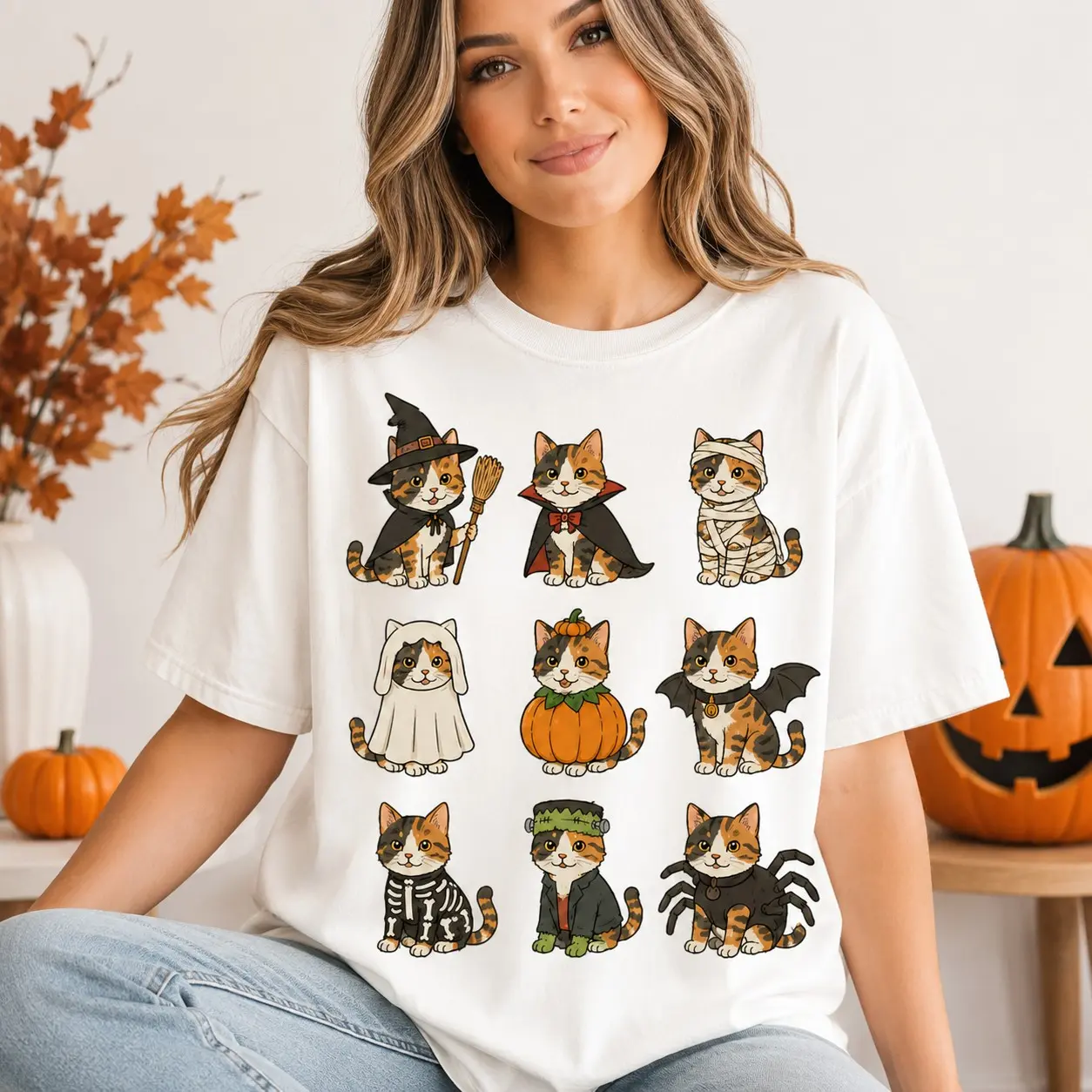 Comfort Colors Halloween Cat Mom Shirt, Spooky Season Black White Calico Tee, Cute Fall Lover Gift - photo 4
