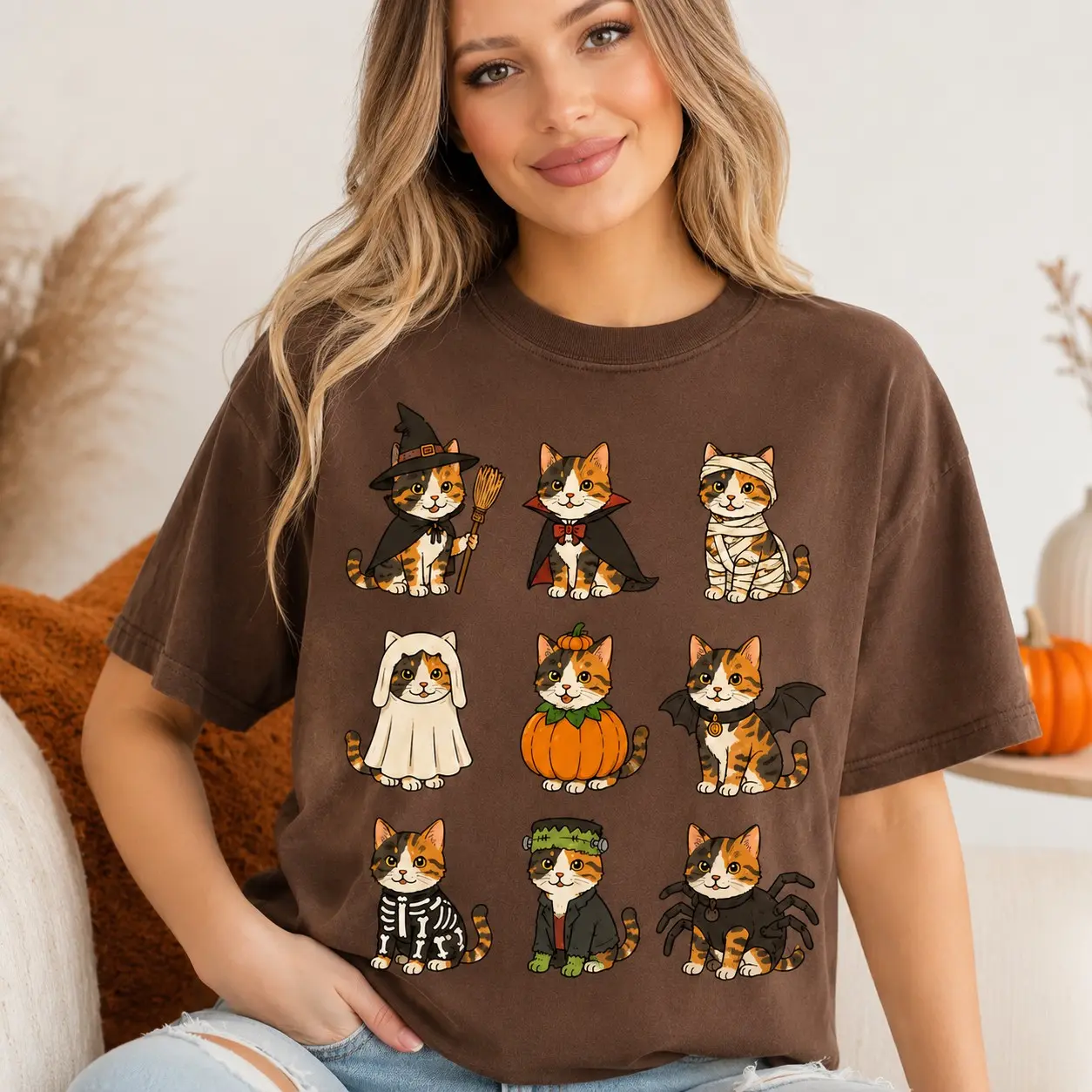 Comfort Colors Halloween Cat Mom Shirt, Spooky Season Black White Calico Tee, Cute Fall Lover Gift - photo 5