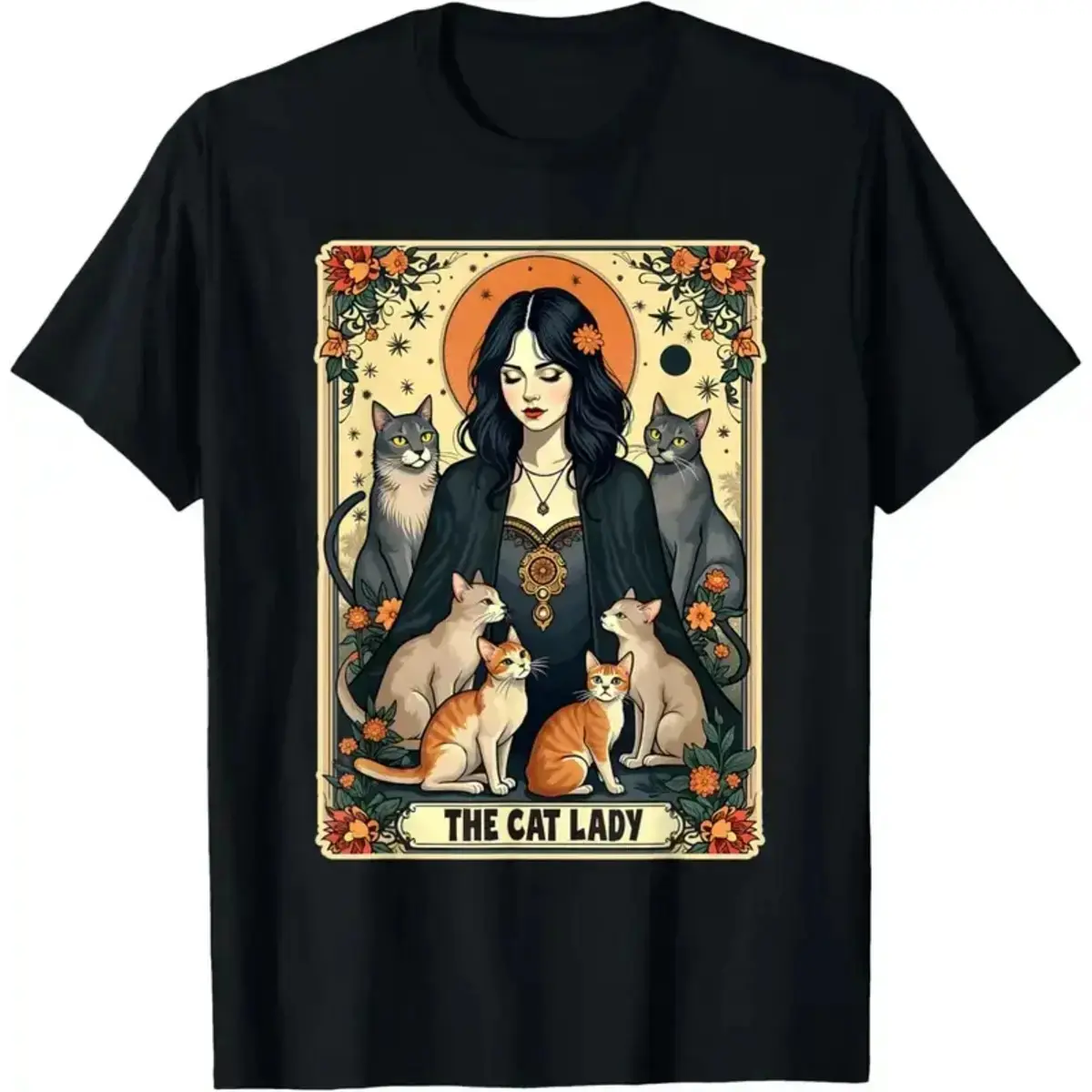 Cat Lady Tarot Card T-Shirt, Witchy Gothic Mom Tee, Funny Occult Mystical Feline Lover Gift For Women