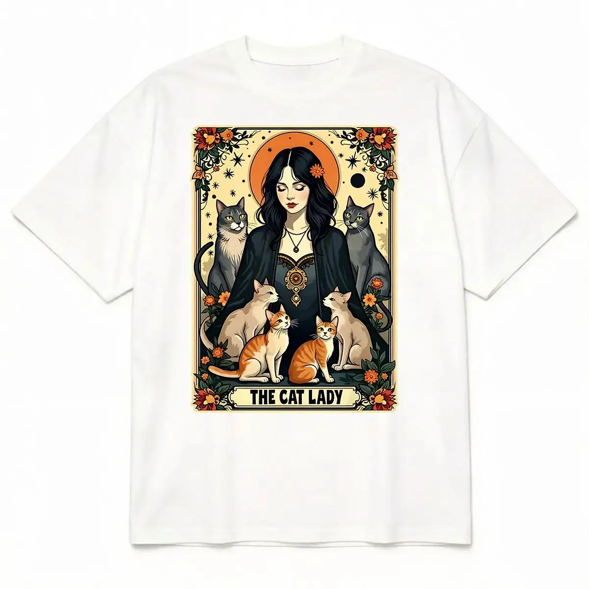 Cat Lady Tarot Card T-Shirt, Witchy Gothic Mom Tee, Funny Occult Mystical Feline Lover Gift For Women - photo 2