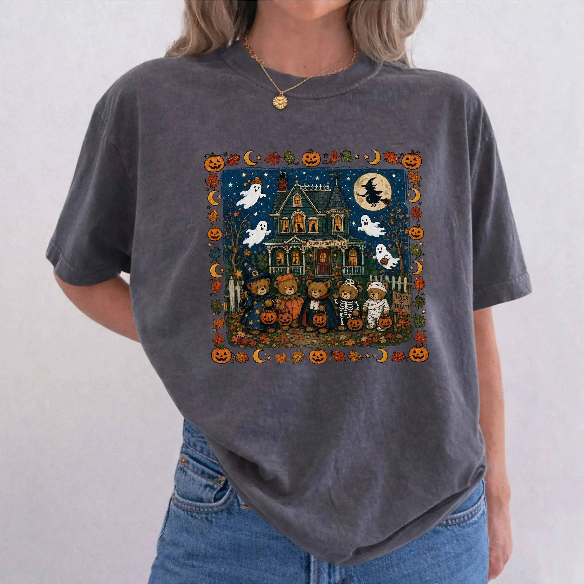 Comfort Colors Vintage 90s Bears Halloween Shirt, Trick or Treat Haunted House Graphic Tee