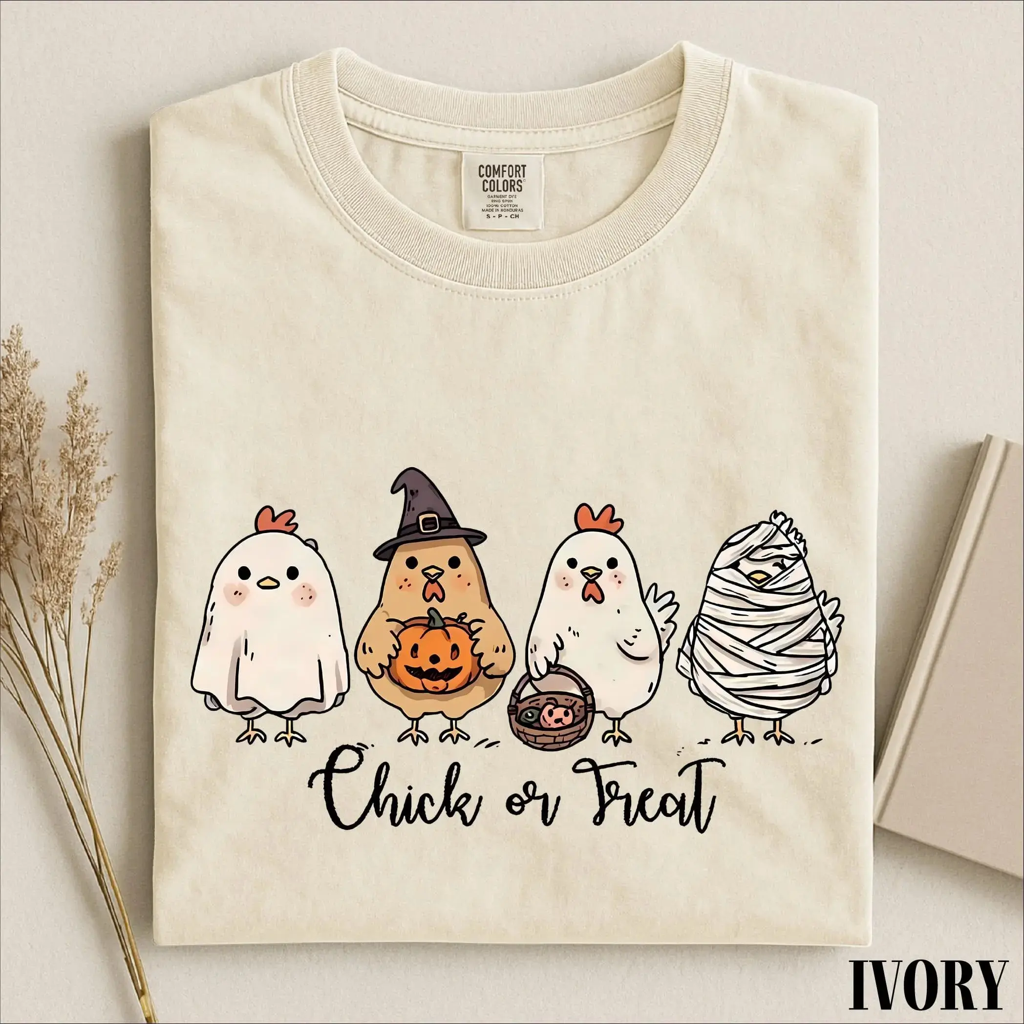 Chick Or Treat Shirt, Cute Halloween Chicken Ghost Tee, Funny Spooky Farm Animal Comfort Colors Gift for Women Fall Lovers