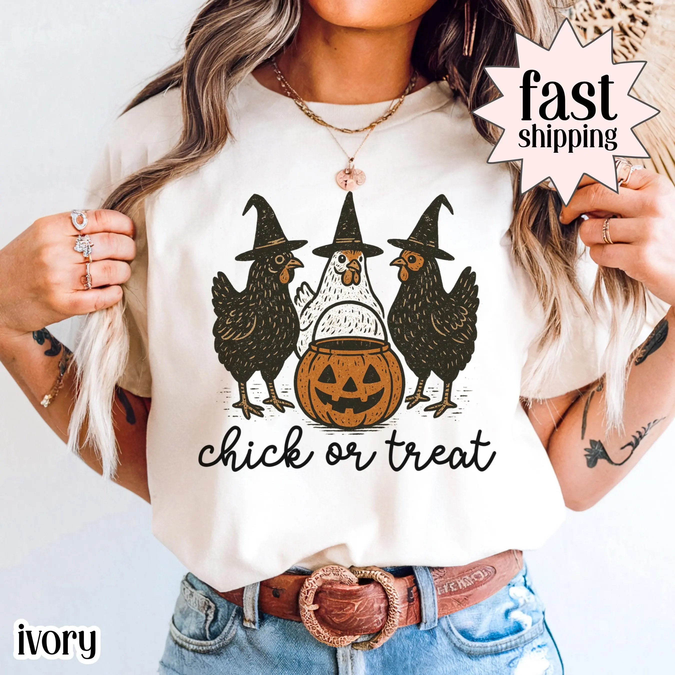 Chicken Halloween Shirt, Comfort Colors Witch Spooky Season Tee, Fall Pumpkin Costume Trick or Treating Outfit Top