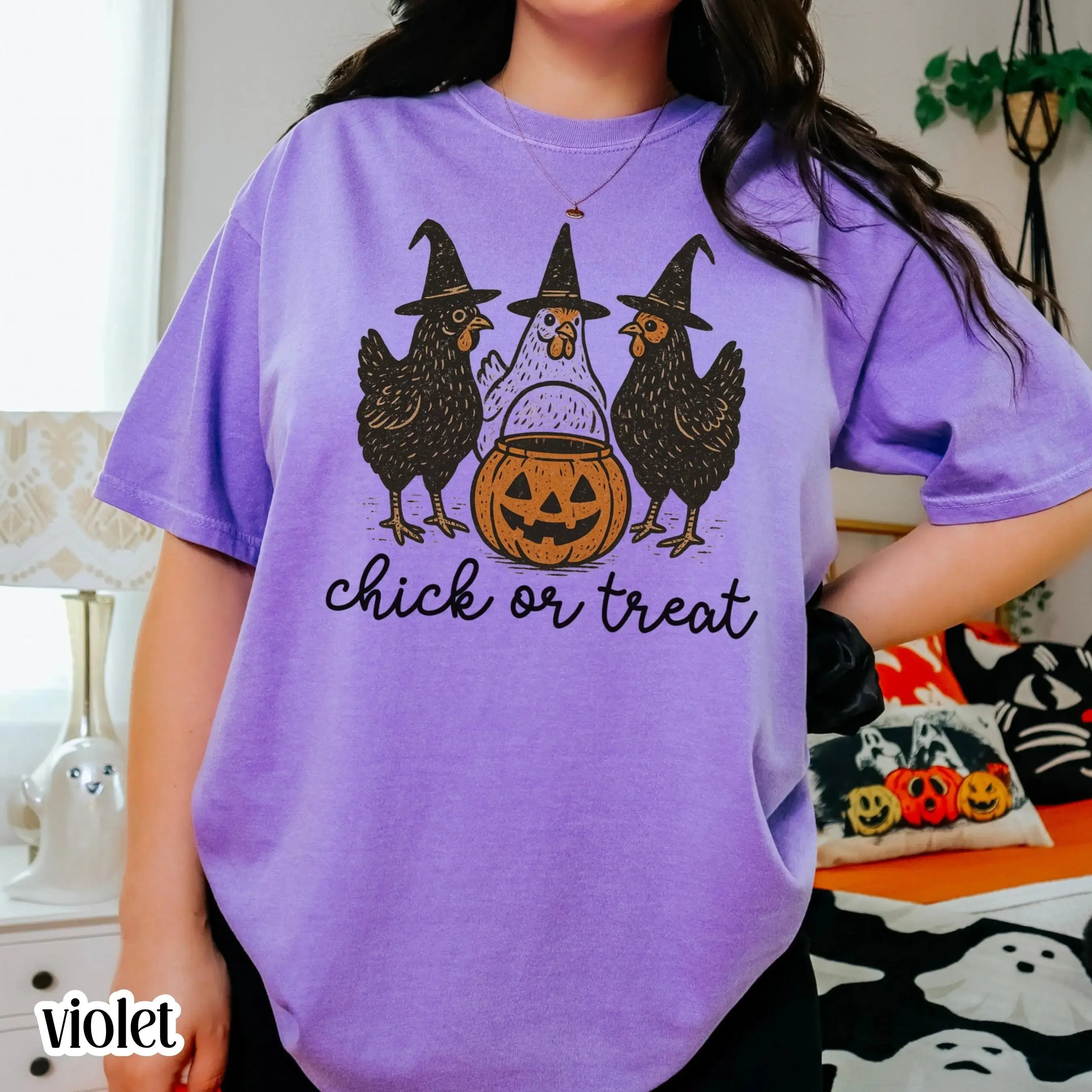 Chicken Halloween Shirt for Women, Comfort Colors Witch Spooky Season Fall Costume Pumpkin Trick or Treating Tee