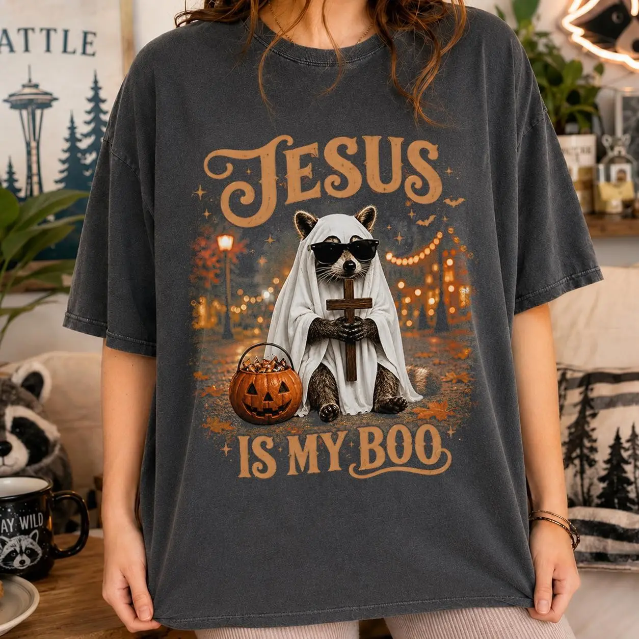 Christian Ghost Raccoon Cross Shirt, Jesus Is My Boo Faith Tee, Funny Religious Halloween Comfort Colors Gift