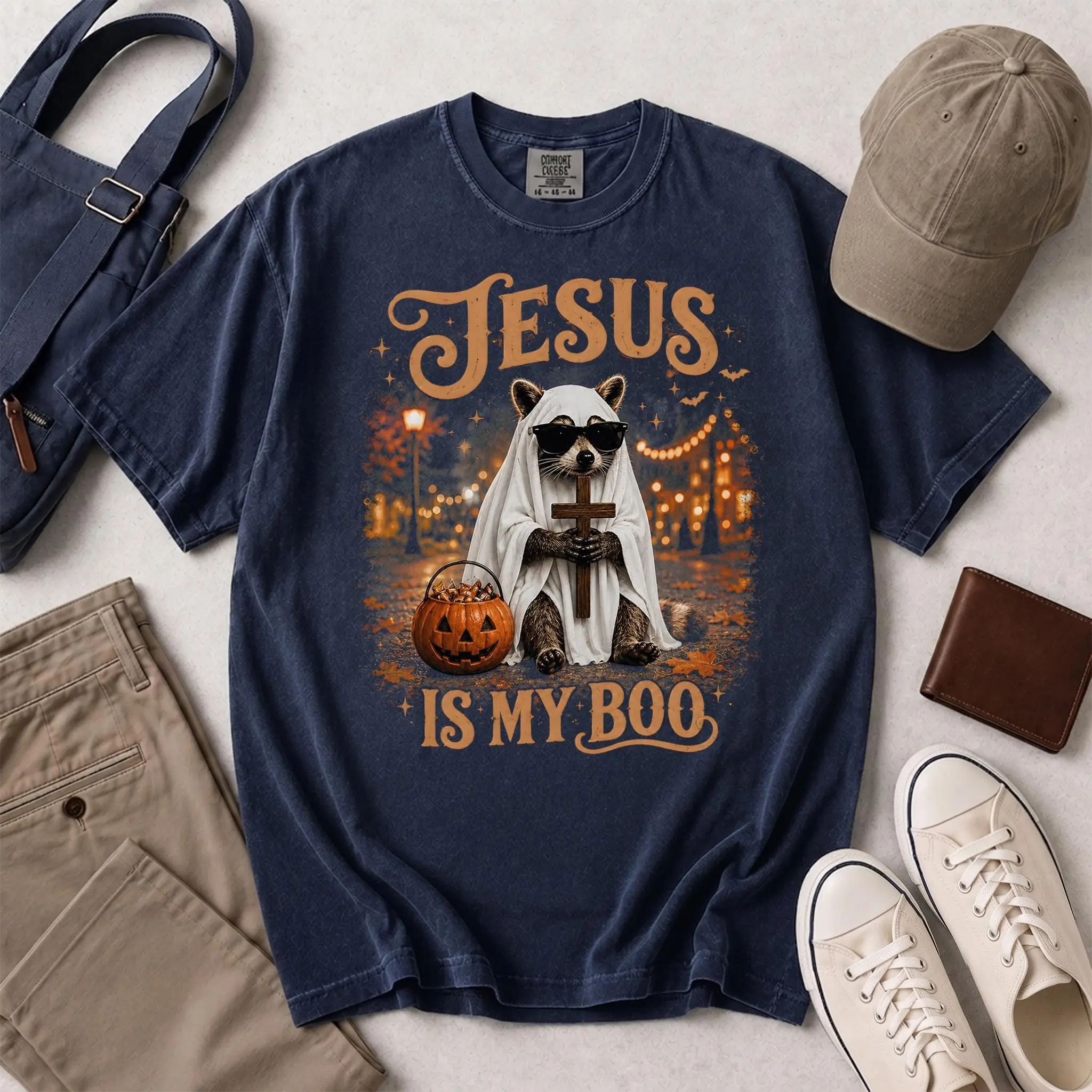 Christian Ghost Raccoon Cross Shirt, Jesus Is My Boo Faith Tee, Funny Religious Halloween Comfort Colors Gift - photo 2