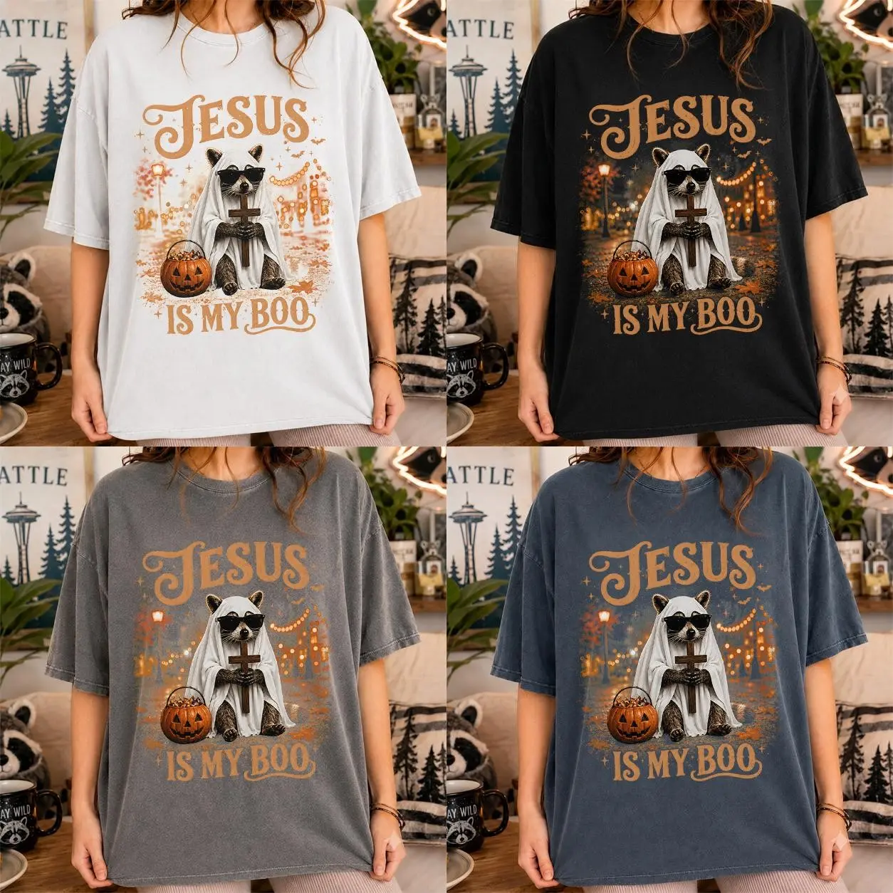 Christian Ghost Raccoon Cross Shirt, Jesus Is My Boo Faith Tee, Funny Religious Halloween Comfort Colors Gift - photo 3