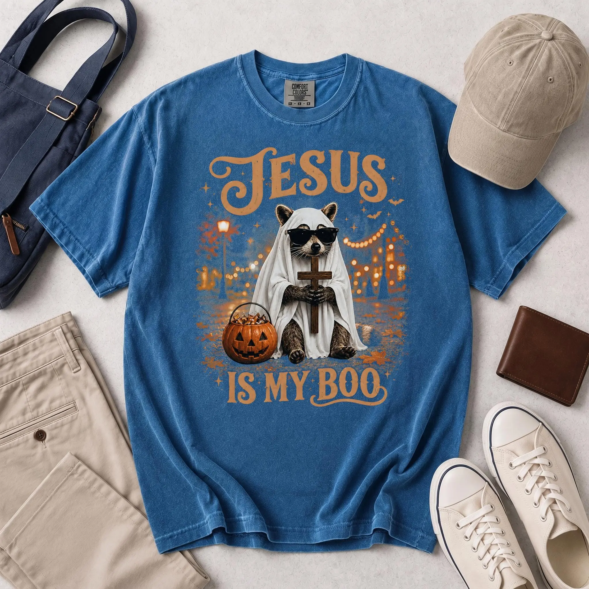 Christian Ghost Raccoon Cross Shirt, Jesus Is My Boo Faith Tee, Funny Religious Halloween Comfort Colors Gift - photo 4