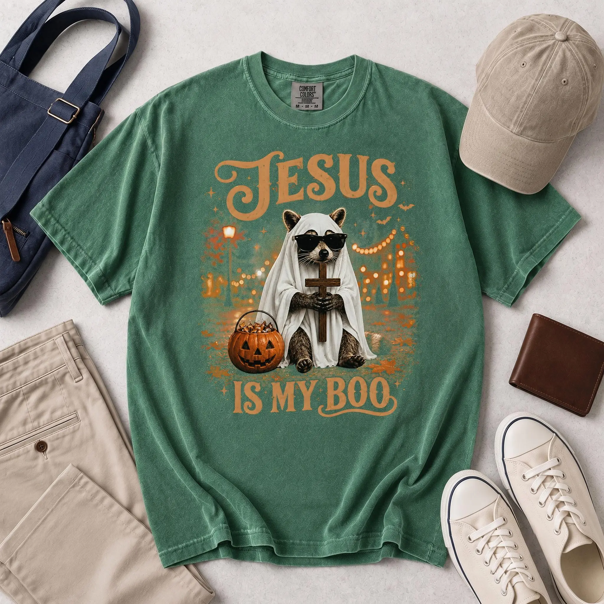 Christian Ghost Raccoon Cross Shirt, Jesus Is My Boo Faith Tee, Funny Religious Halloween Comfort Colors Gift - photo 5
