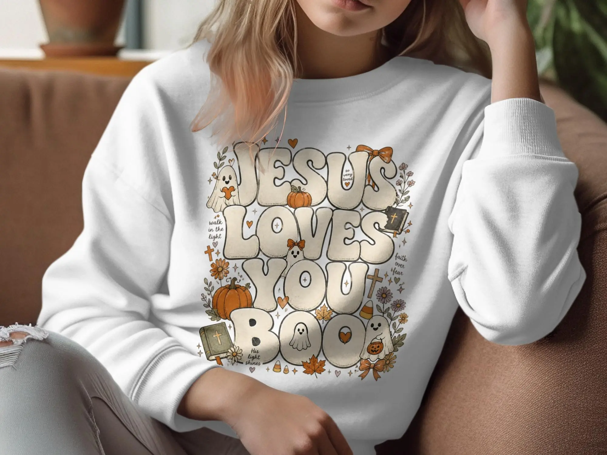 Jesus Loves You Boo Shirt, Cute Ghost Christian Halloween Graphic Tee, Faith Based Fall Gift - photo 2