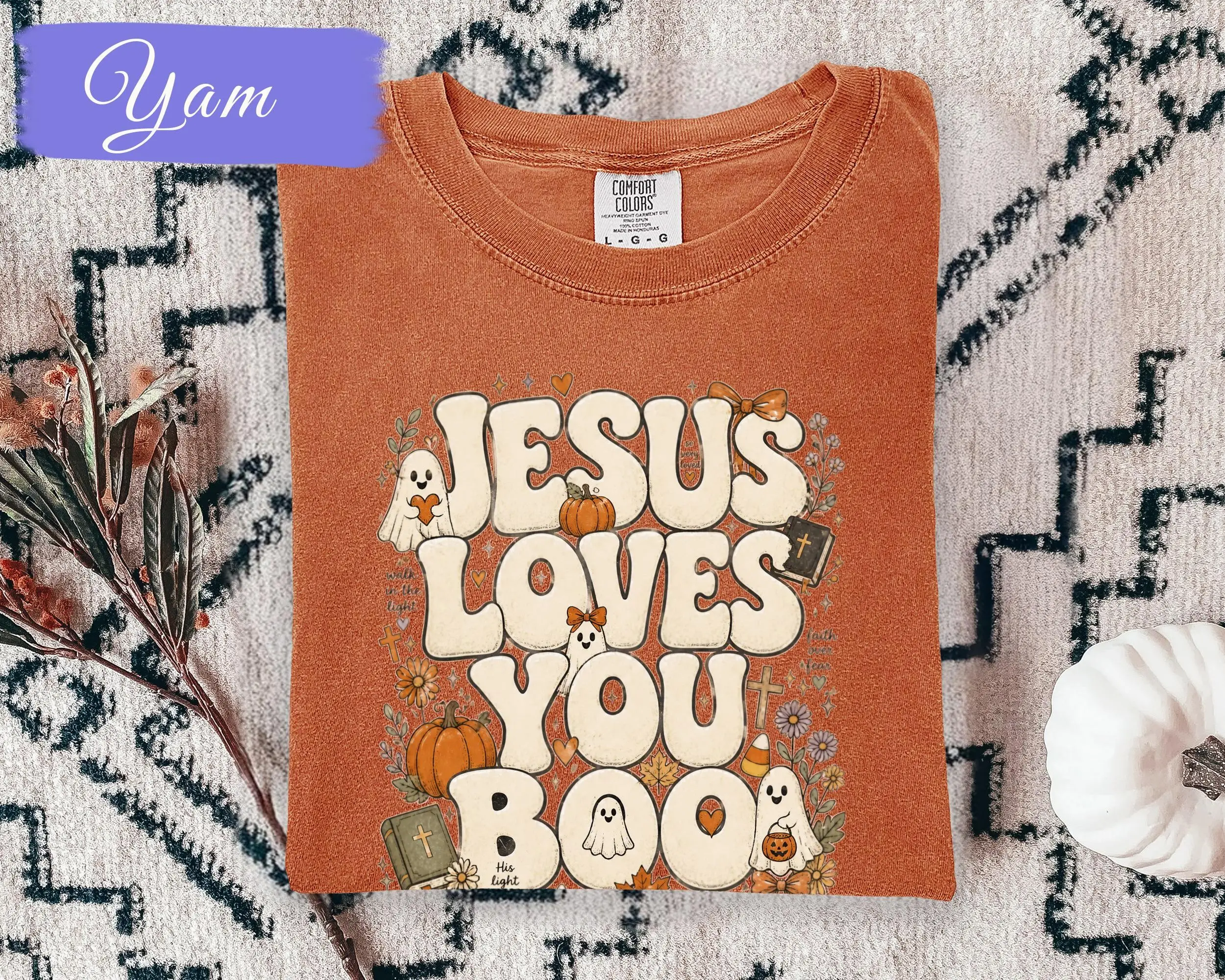 Jesus Loves You Boo Shirt, Cute Ghost Christian Halloween Graphic Tee, Faith Based Fall Gift - photo 3