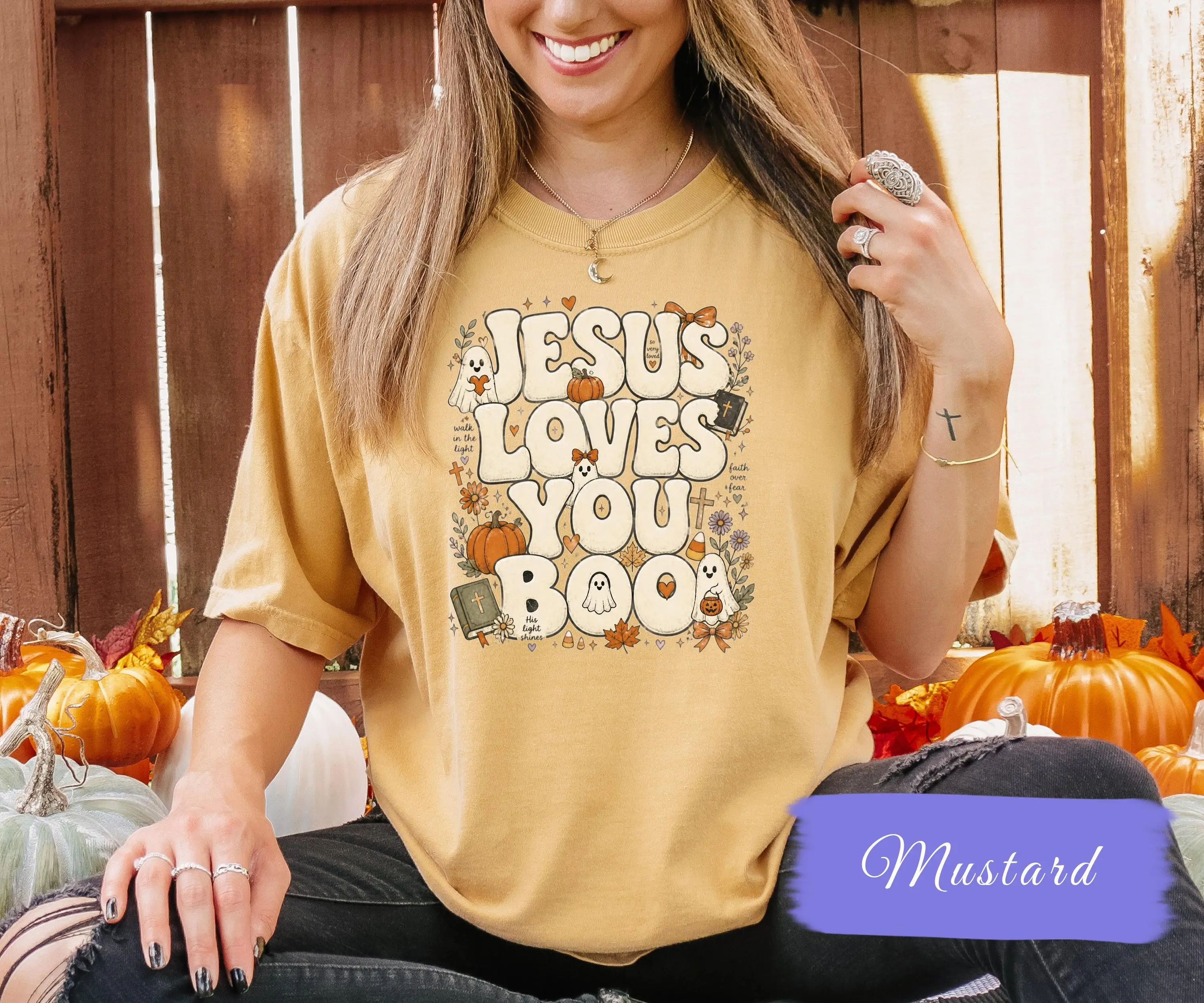 Jesus Loves You Boo Shirt, Cute Ghost Christian Halloween Graphic Tee, Faith Based Fall Gift - photo 4