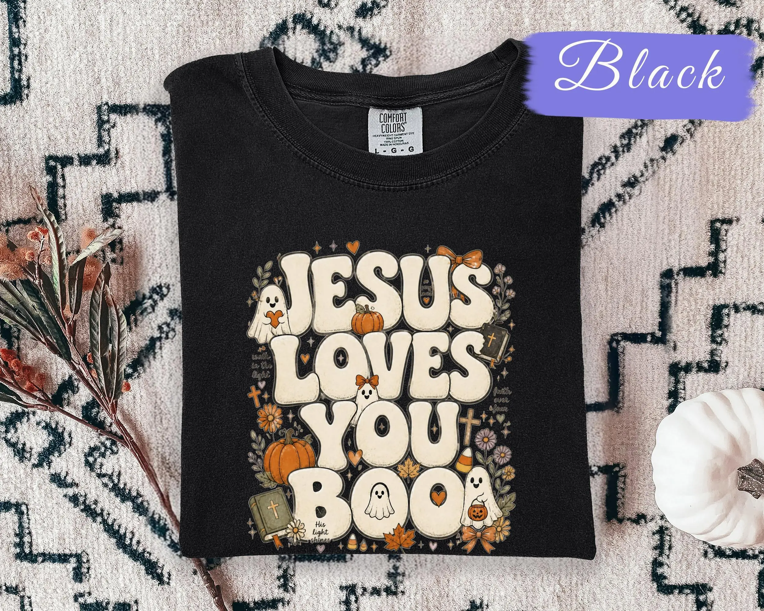 Jesus Loves You Boo Shirt, Cute Ghost Christian Halloween Graphic Tee, Faith Based Fall Gift - photo 5