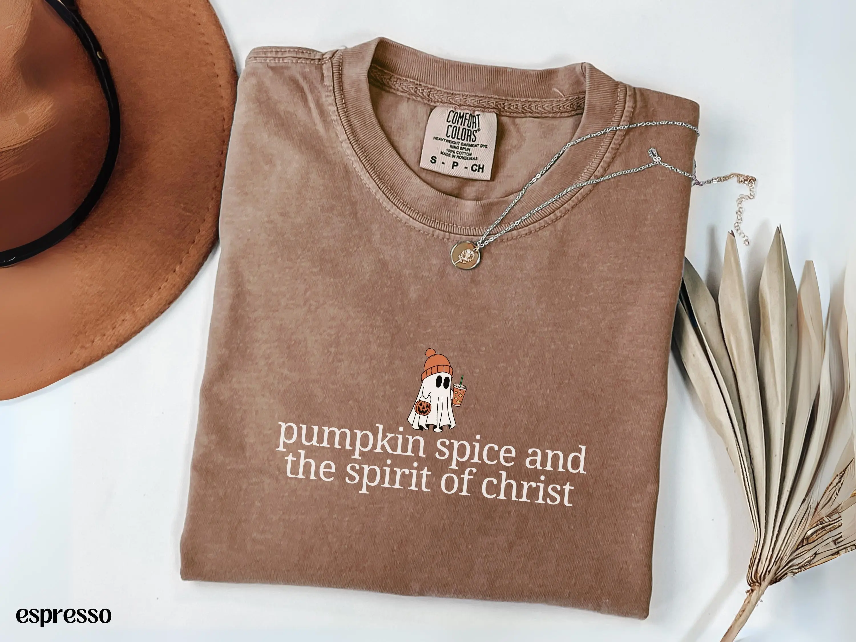 Christian Halloween Shirt for Women, Ghost Pumpkin Spice Coffee Tee, Fall Jesus Bible Verse Trick or Treat Faith Top - photo 2
