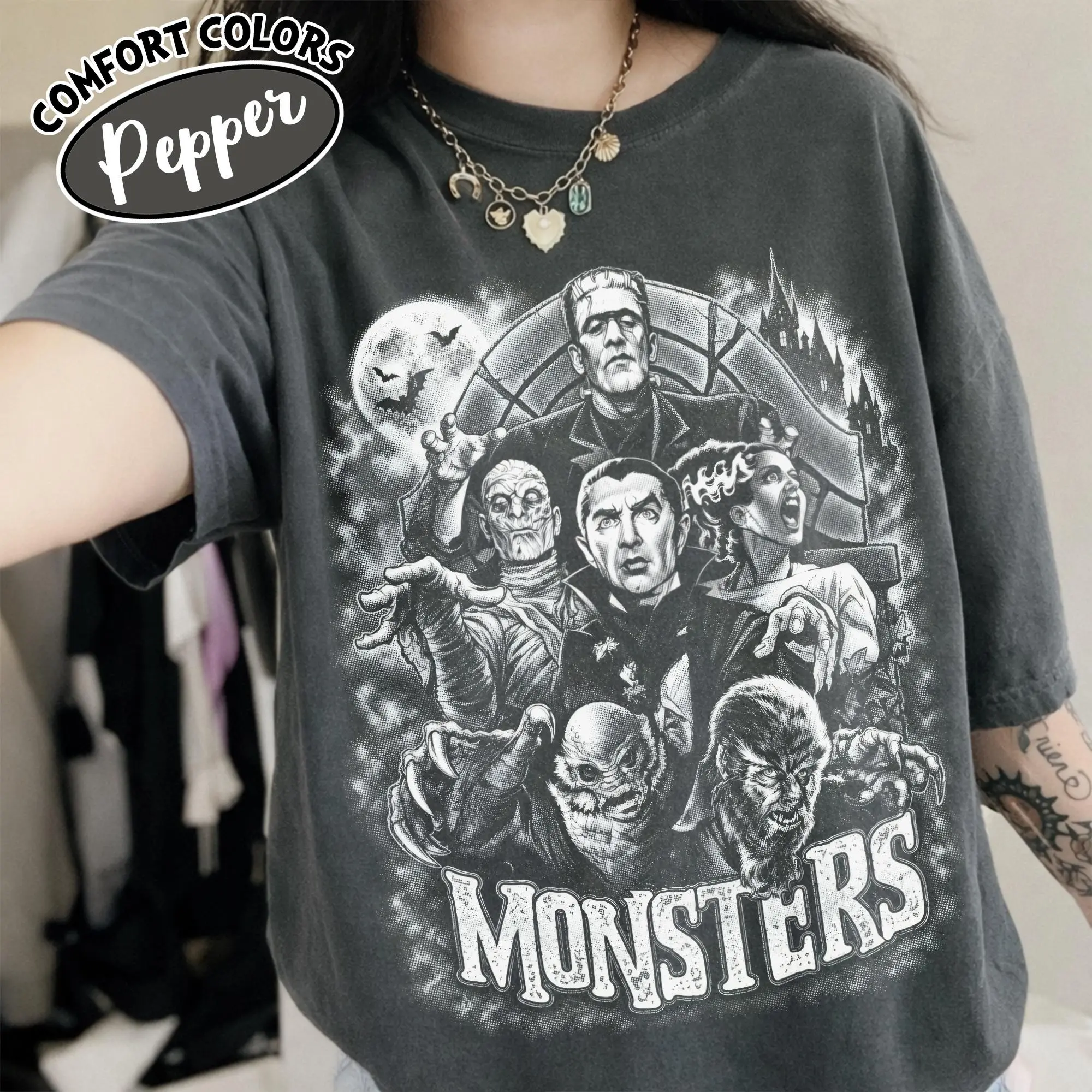 Comfort Colors Classic Horror Monsters T-Shirt, Frankenstein Dracula Retro 80s Vintage Neon Spooky Season Tee - photo 1