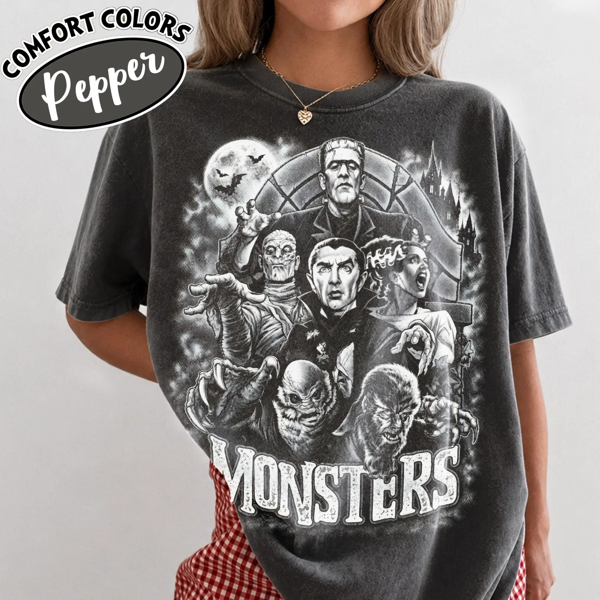 Comfort Colors Classic Horror Monsters T-Shirt, Frankenstein Dracula Retro 80s Vintage Neon Spooky Season Tee - photo 2