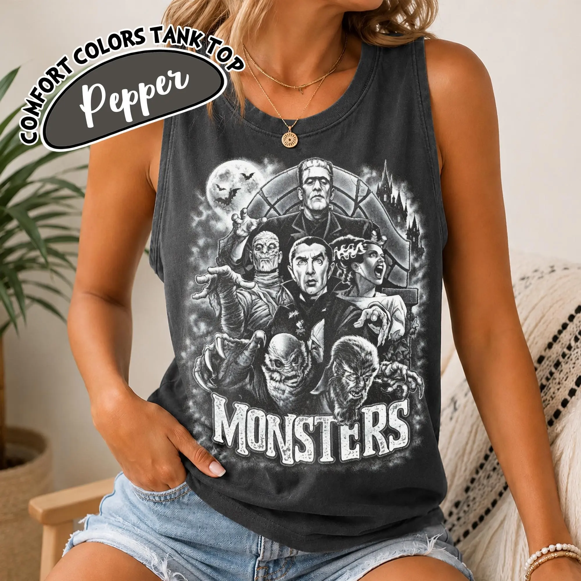 Comfort Colors Classic Horror Monsters T-Shirt, Frankenstein Dracula Retro 80s Vintage Neon Spooky Season Tee - photo 3