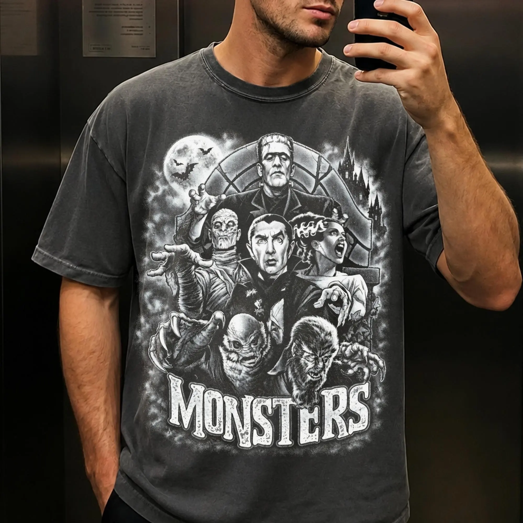 Comfort Colors Classic Horror Monsters T-Shirt, Frankenstein Dracula Retro 80s Vintage Neon Spooky Season Tee - photo 4