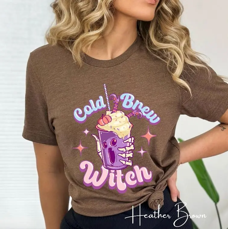 Bella Canvas 3001 Cold Brew Witch Shirt, Skeleton Hand Gothic Coffee Lover Spooky Witchy Graphic Tee - photo 2