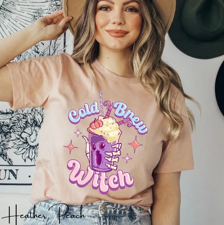 Bella Canvas 3001 Cold Brew Witch Shirt, Skeleton Hand Gothic Coffee Lover Spooky Witchy Graphic Tee - photo 3