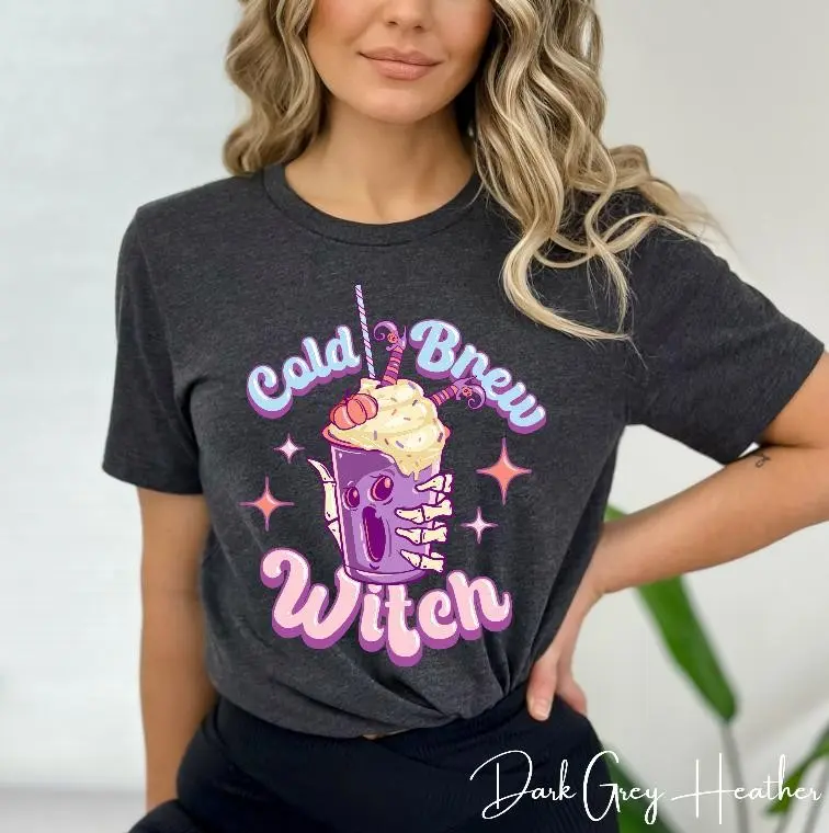 Bella Canvas 3001 Cold Brew Witch Shirt, Skeleton Hand Gothic Coffee Lover Spooky Witchy Graphic Tee - photo 4