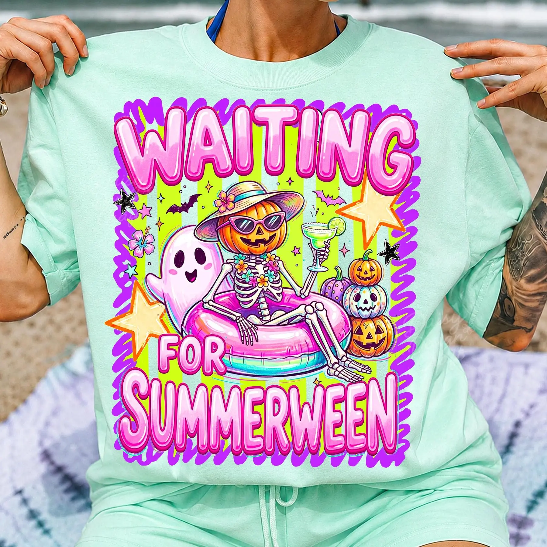 Comfort Colors Preppy Ghost Halloween Shirt, Summerween Spooky Season Coquette Skeleton Tee - photo 2
