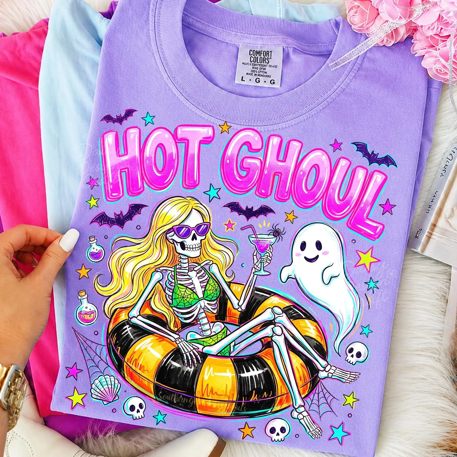 Comfort Colors Preppy Ghost Halloween Shirt, Summerween Spooky Season Coquette Skeleton Tee - photo 4
