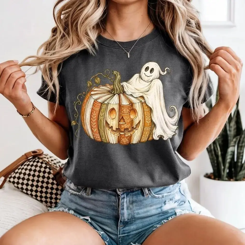 Comfort Colors Book Pumpkin Ghost Shirt, Fall Reading Boho Halloween Tee, Spooky Season Lover Gift