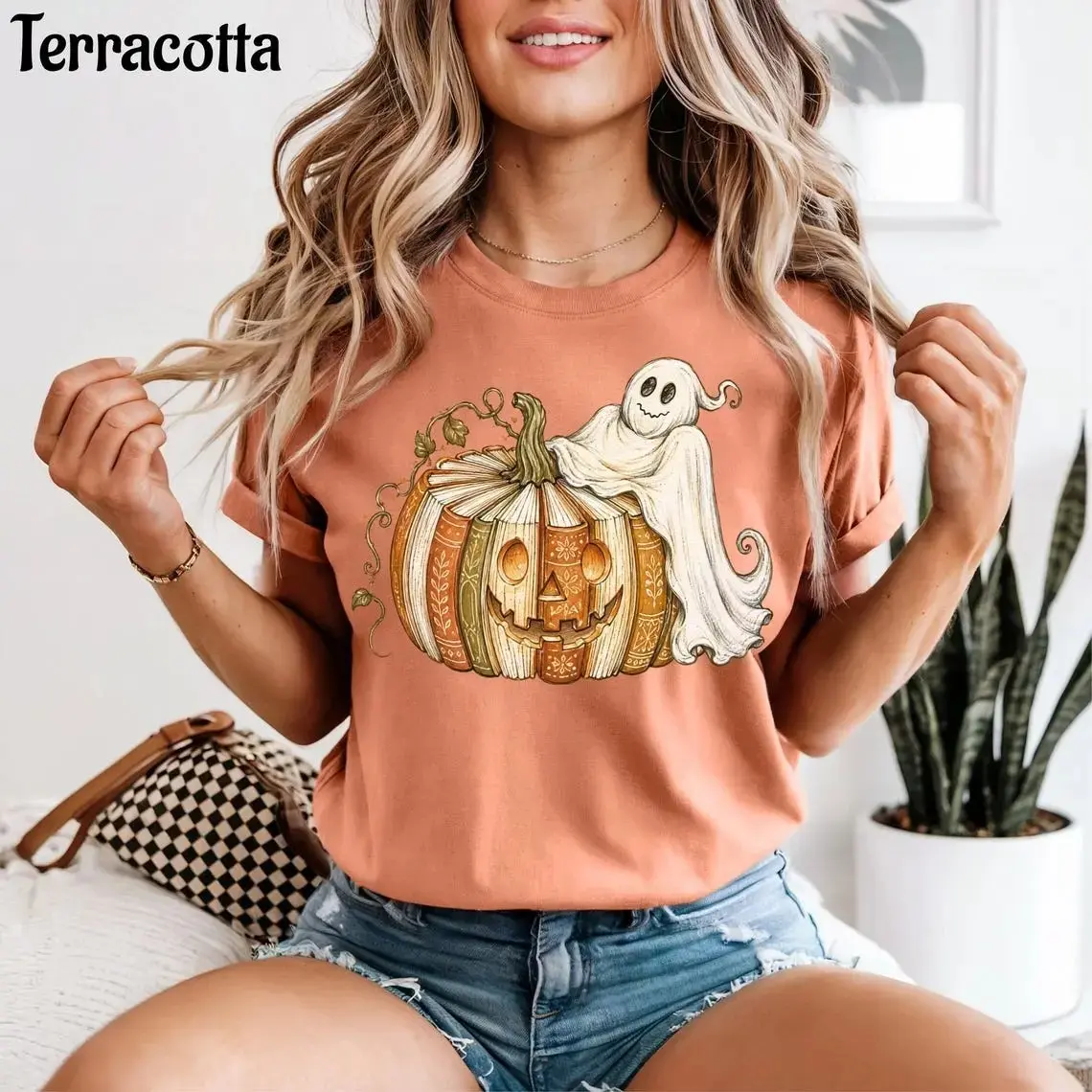 Comfort Colors Book Pumpkin Ghost Shirt, Fall Reading Boho Halloween Tee, Spooky Season Lover Gift - photo 2
