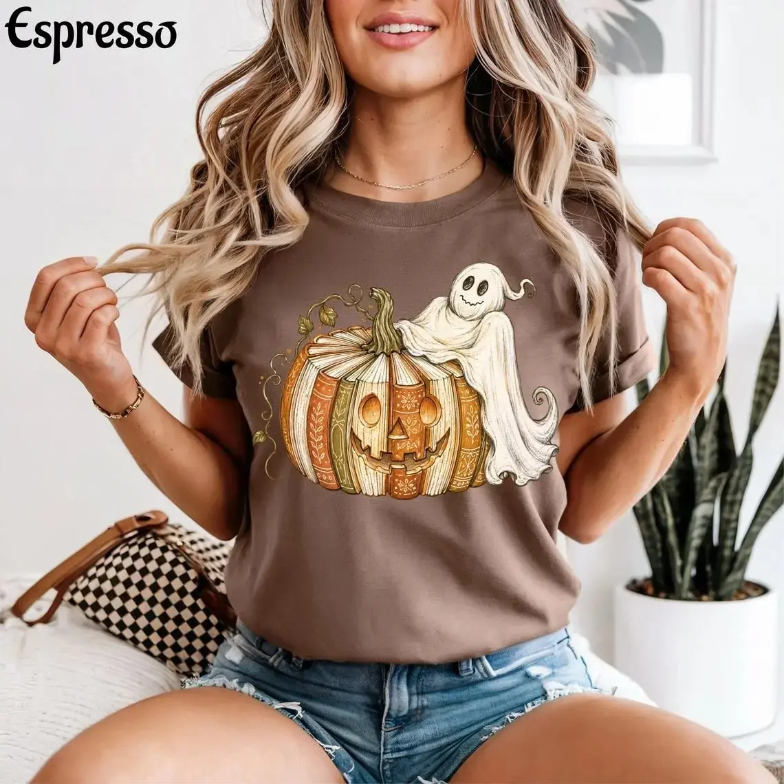Comfort Colors Book Pumpkin Ghost Shirt, Fall Reading Boho Halloween Tee, Spooky Season Lover Gift - photo 5