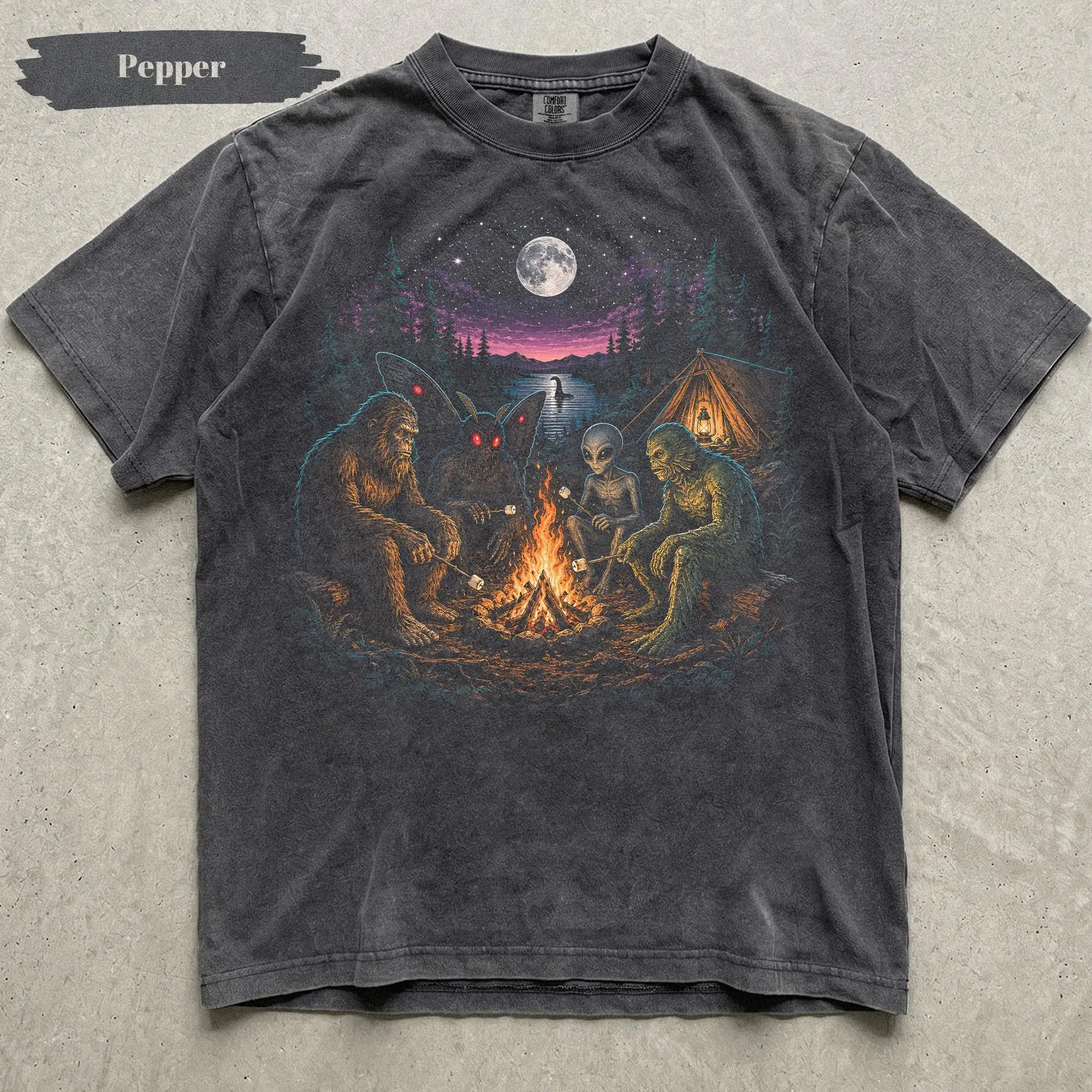 Comfort Colors Cryptid Camping Shirt, Bigfoot Mothman Alien Campfire Tee, Paranormal Forest Vintage UFO Monster Outdoor Gift
