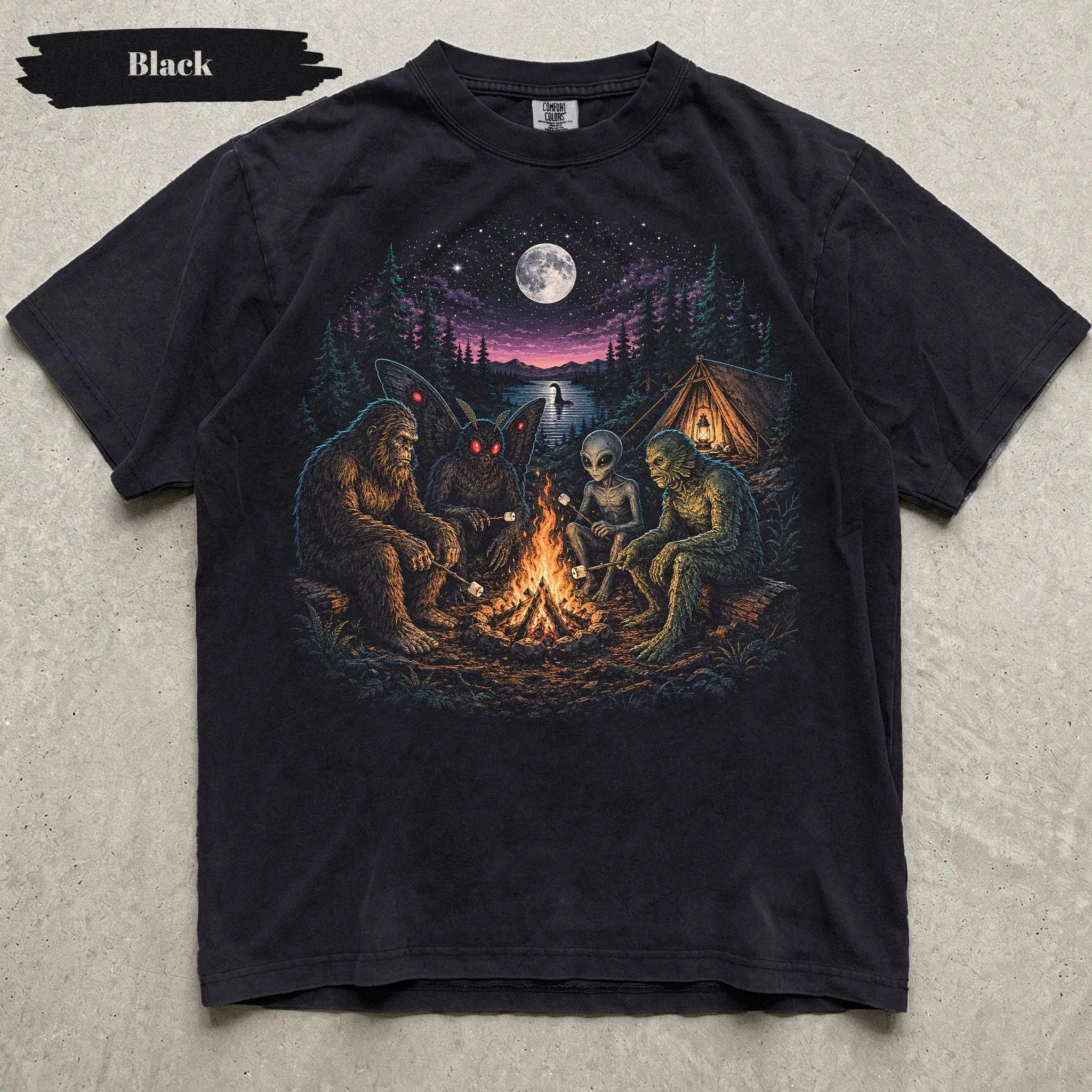 Comfort Colors Cryptid Camping Shirt, Bigfoot Mothman Alien Campfire Tee, Paranormal Forest Vintage UFO Monster Outdoor Gift - photo 2