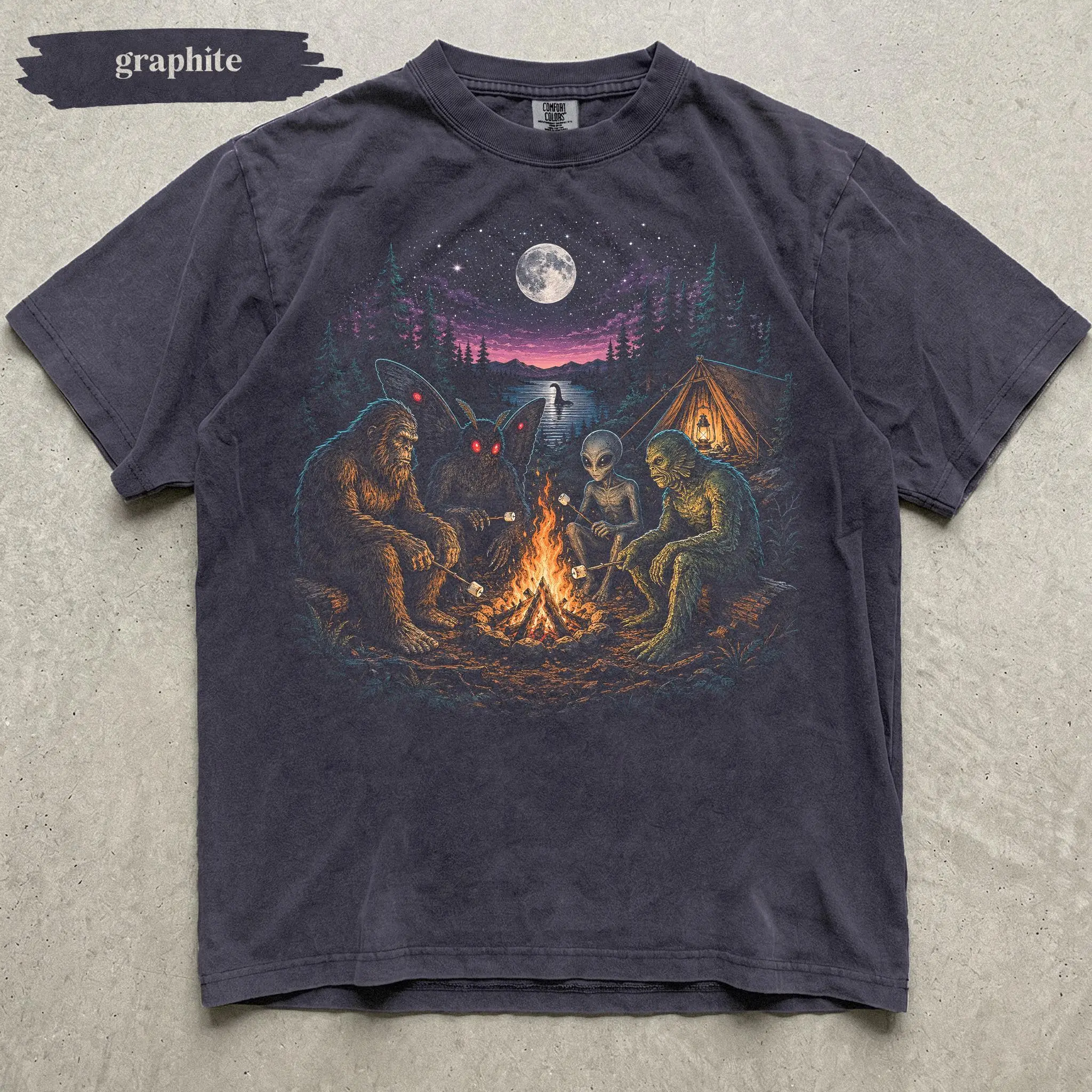 Comfort Colors Cryptid Camping Shirt, Bigfoot Mothman Alien Campfire Tee, Paranormal Forest Vintage UFO Monster Outdoor Gift - photo 3