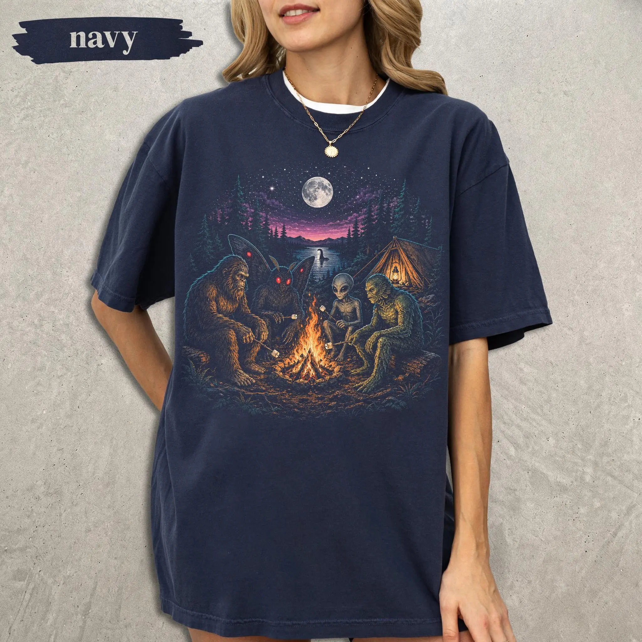 Comfort Colors Cryptid Camping Shirt, Bigfoot Mothman Alien Campfire Tee, Paranormal Forest Vintage UFO Monster Outdoor Gift - photo 4