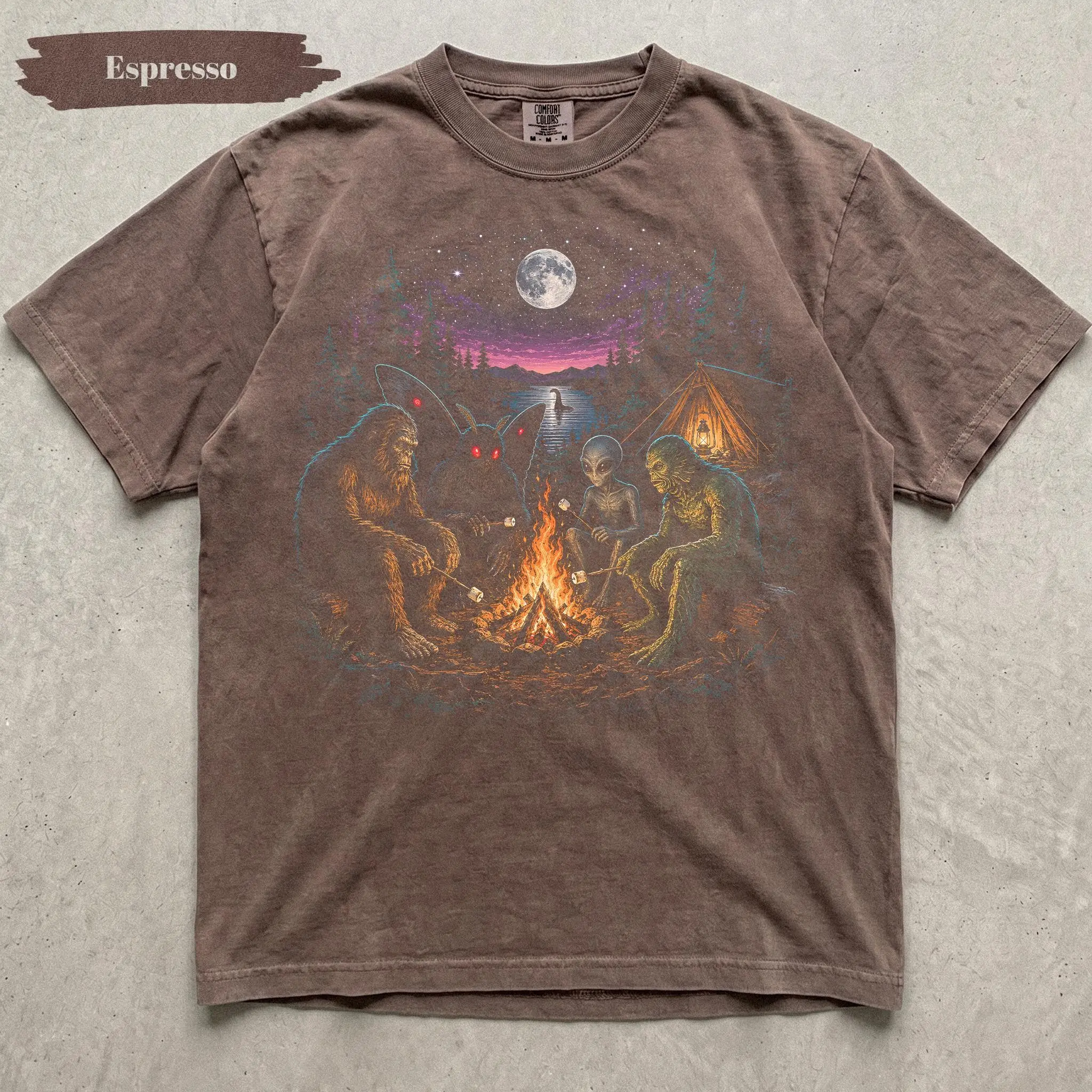Comfort Colors Cryptid Camping Shirt, Bigfoot Mothman Alien Campfire Tee, Paranormal Forest Vintage UFO Monster Outdoor Gift - photo 5