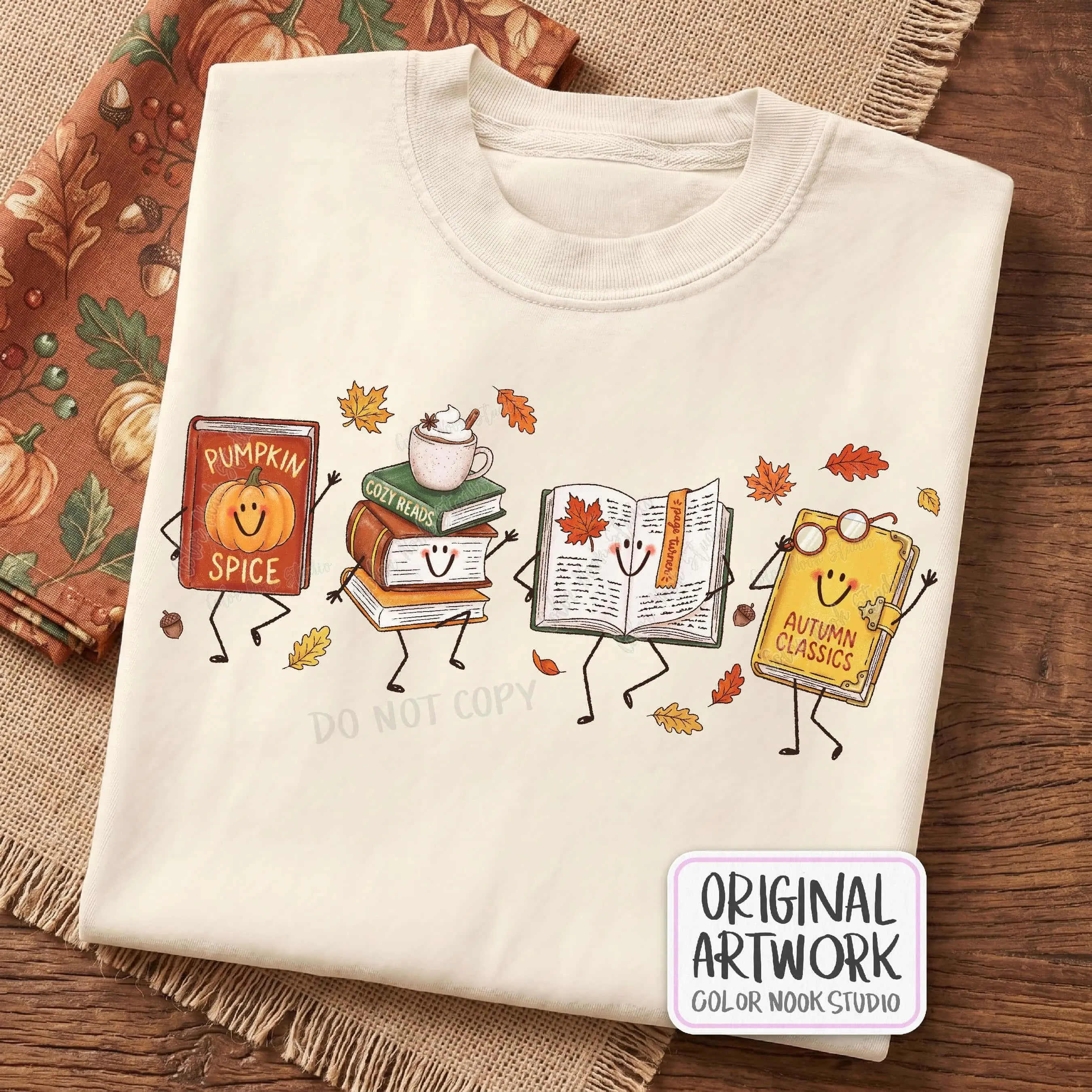 Comfort Colors Cute Fall Book Characters T-Shirt, Cozy Autumn Reading Lover Doodles Graphic Tee for Women