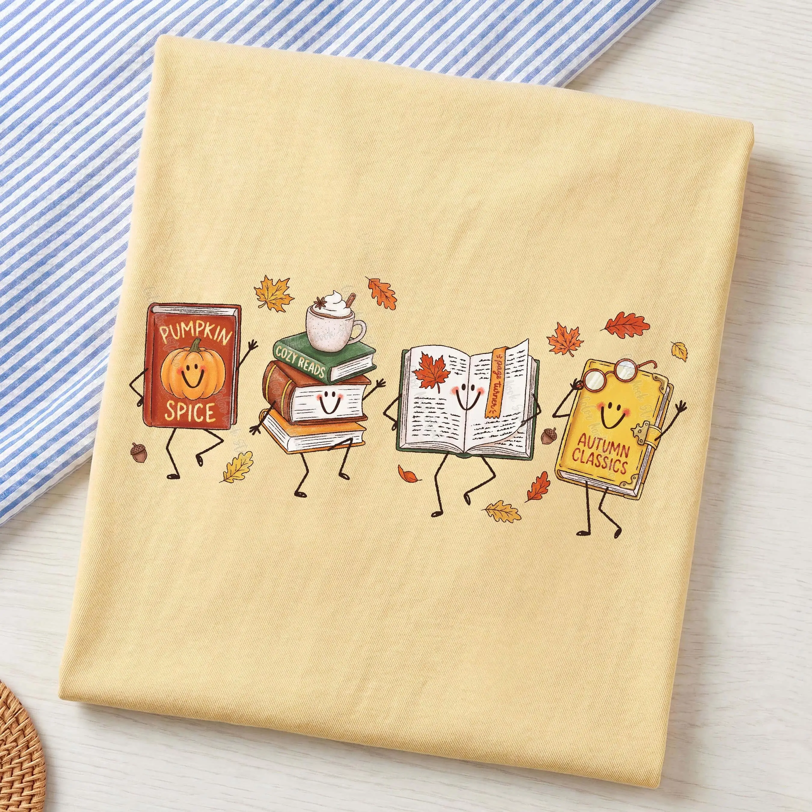 Comfort Colors Cute Fall Book Characters T-Shirt, Cozy Autumn Reading Lover Doodles Graphic Tee for Women - photo 2