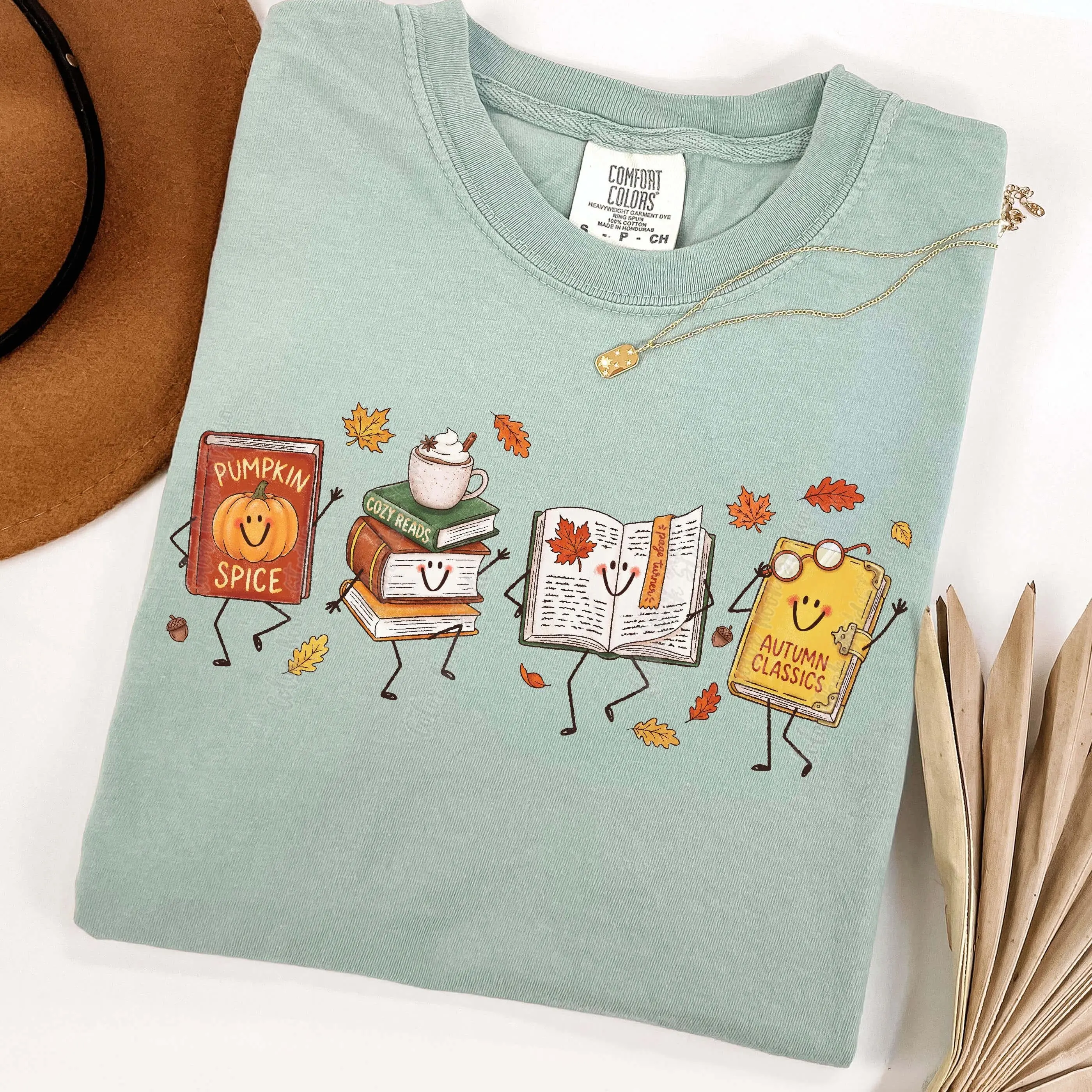 Comfort Colors Cute Fall Book Characters T-Shirt, Cozy Autumn Reading Lover Doodles Graphic Tee for Women - photo 3