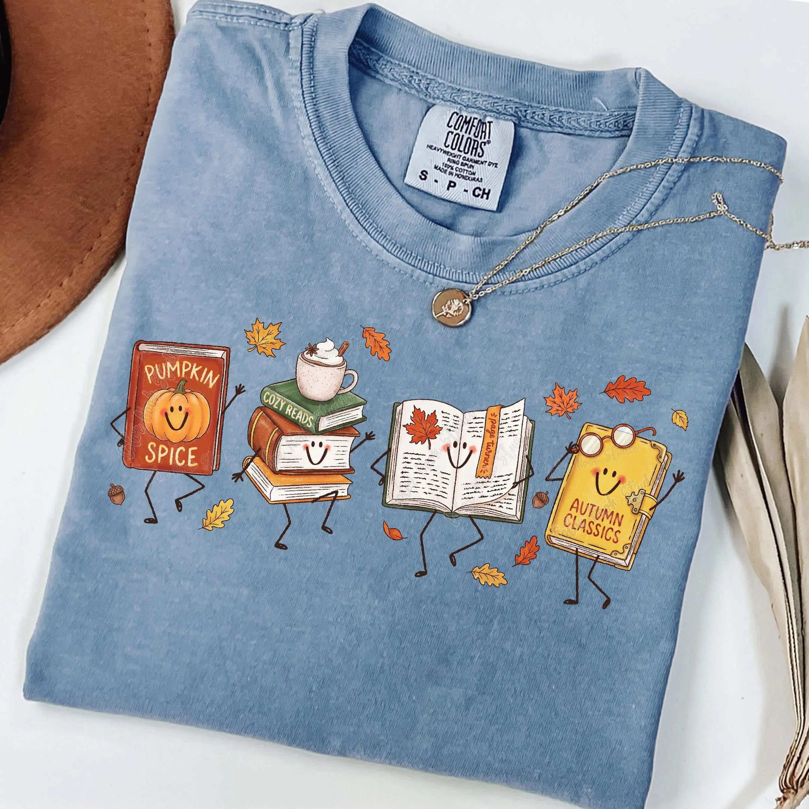 Comfort Colors Cute Fall Book Characters T-Shirt, Cozy Autumn Reading Lover Doodles Graphic Tee for Women - photo 4