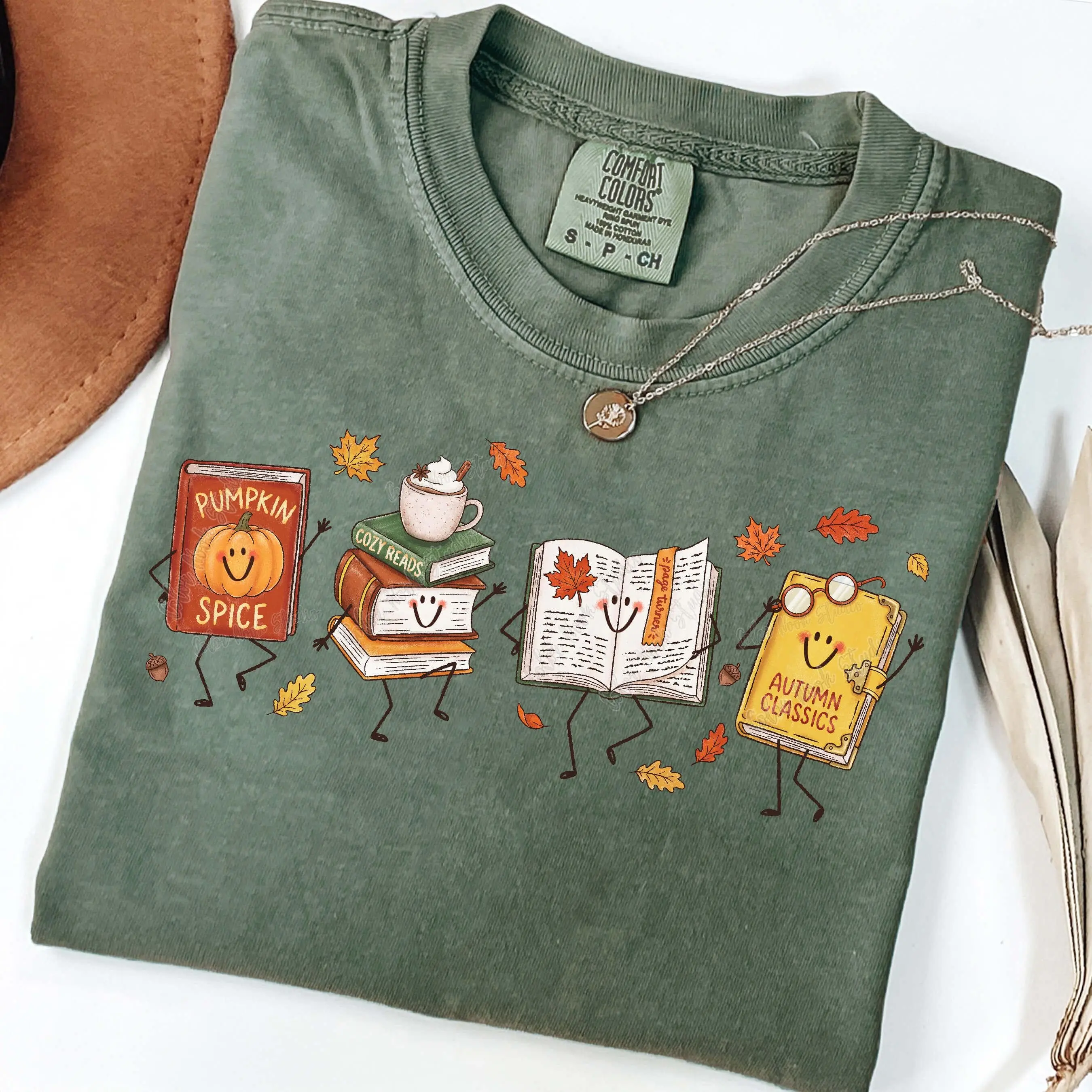Comfort Colors Cute Fall Book Characters T-Shirt, Cozy Autumn Reading Lover Doodles Graphic Tee for Women - photo 5