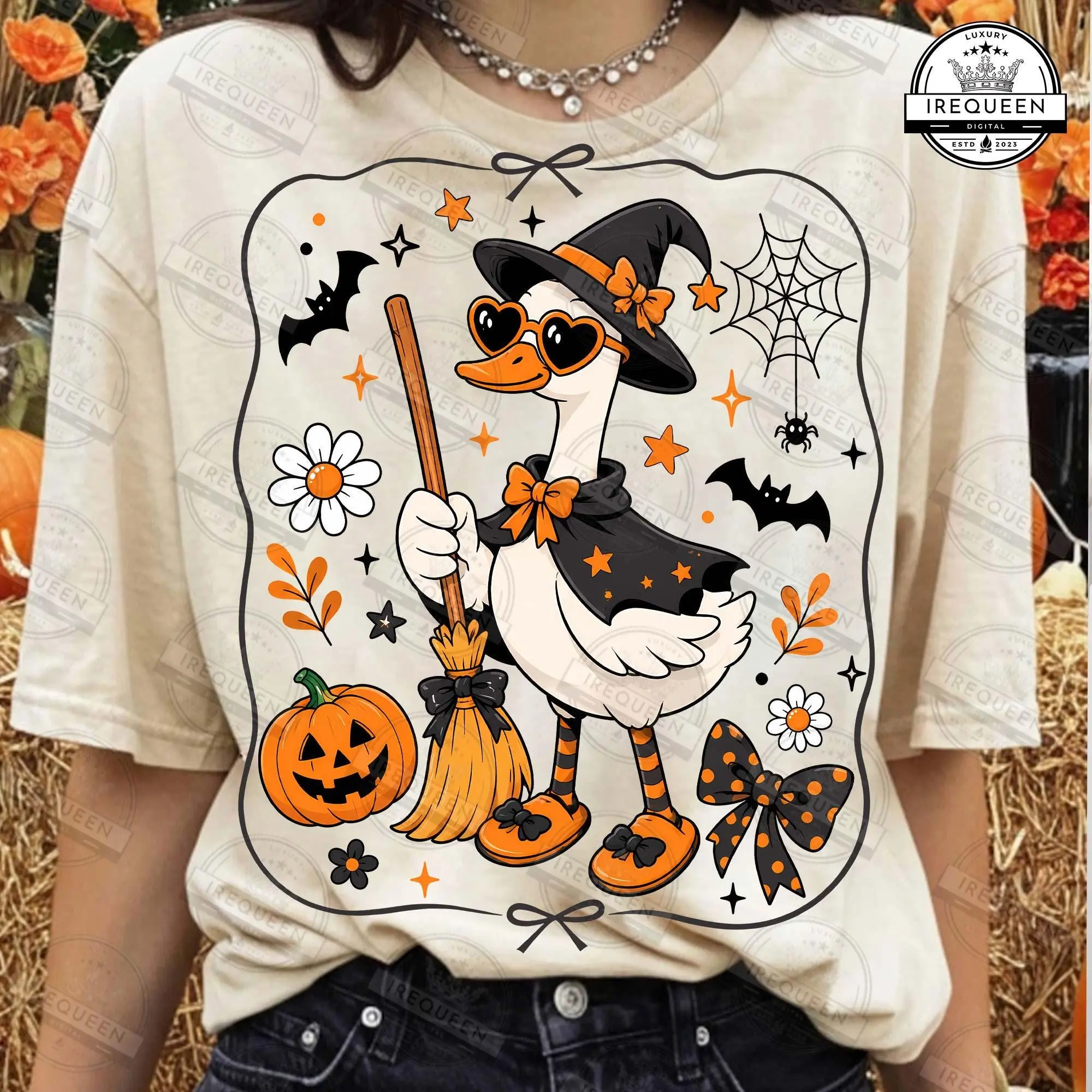 Comfort Colors Cute Halloween Goose T-Shirt, Coquette Witchy Vibes Ghost Girly Floral Pumpkin Fall Tee