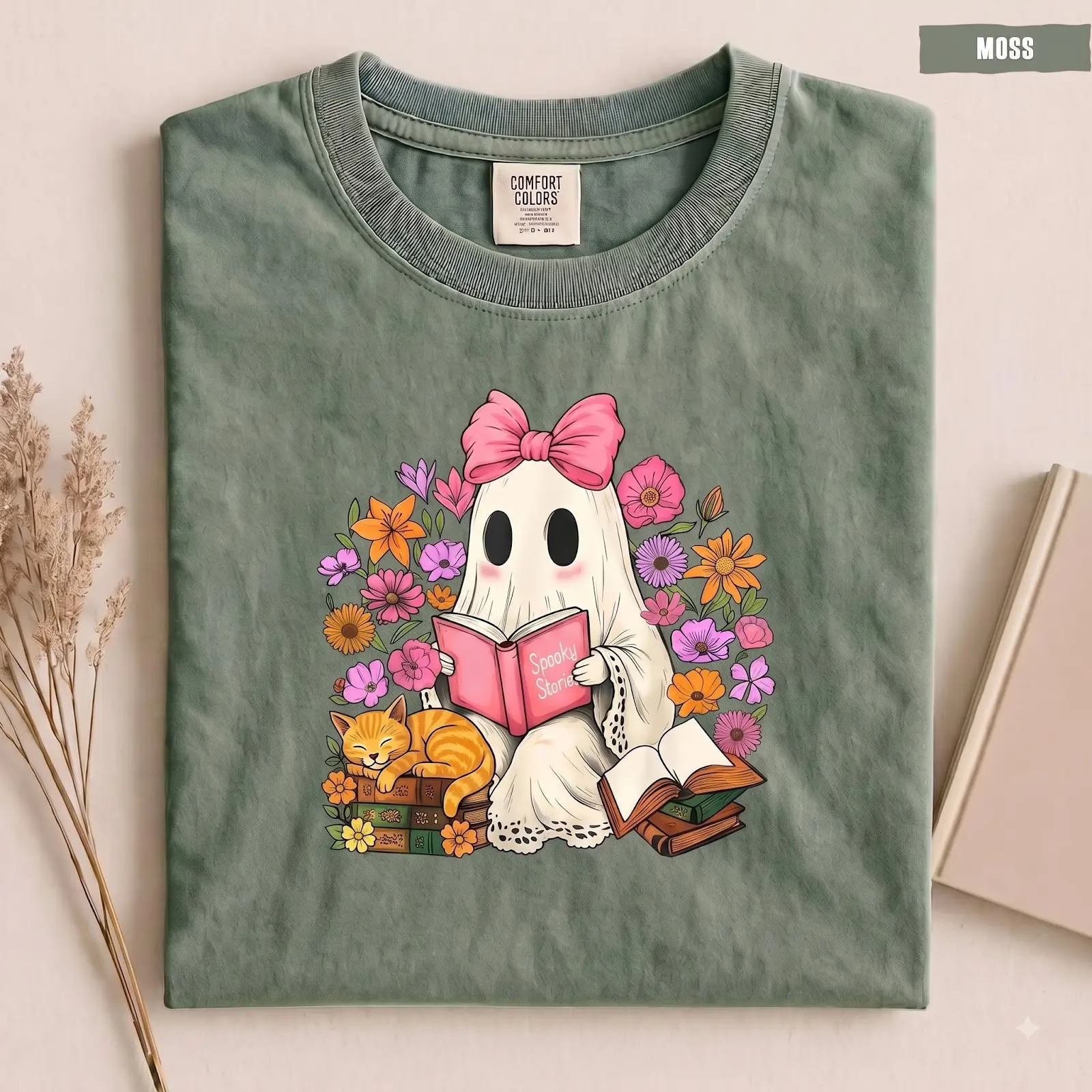 Comfort Color Floral Coquette Ghost Reading Book Spooky Halloween Teacher T-Shirt - photo 2
