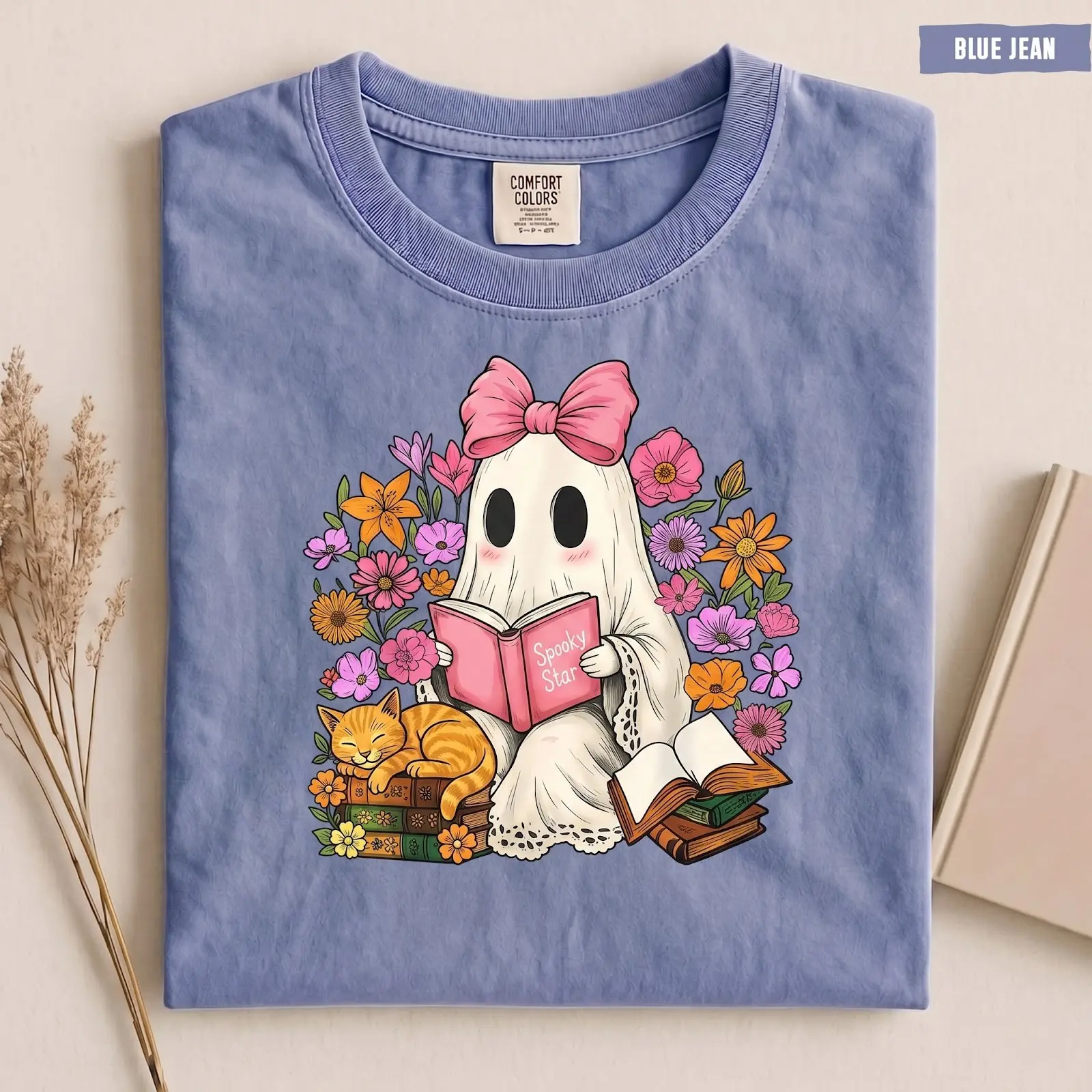 Comfort Color Floral Coquette Ghost Reading Book Spooky Halloween Teacher T-Shirt - photo 3