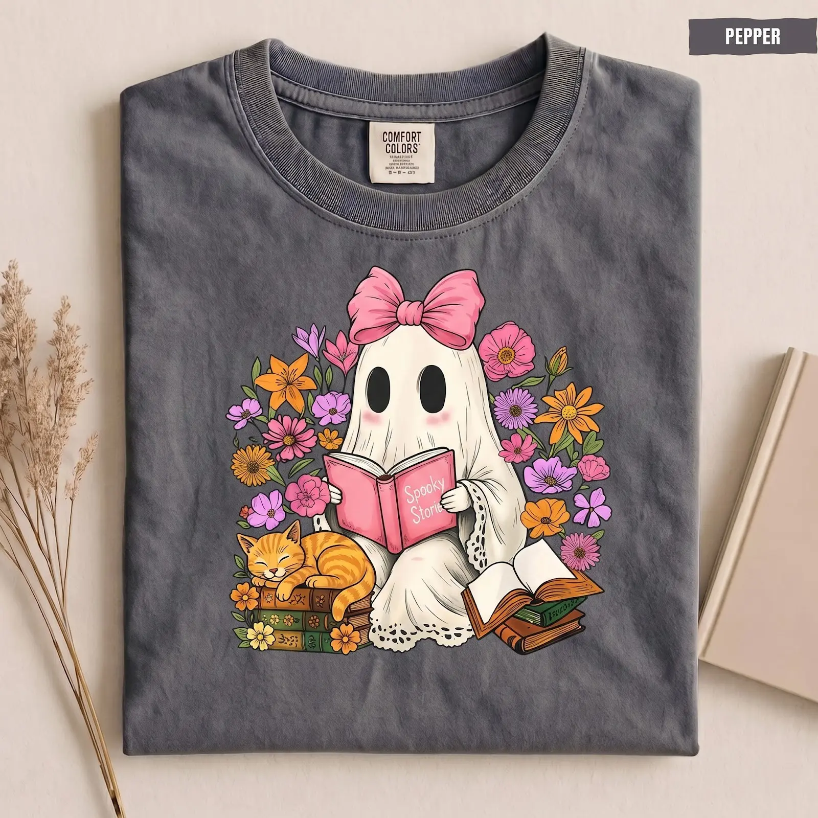 Comfort Color Floral Coquette Ghost Reading Book Spooky Halloween Teacher T-Shirt - photo 4