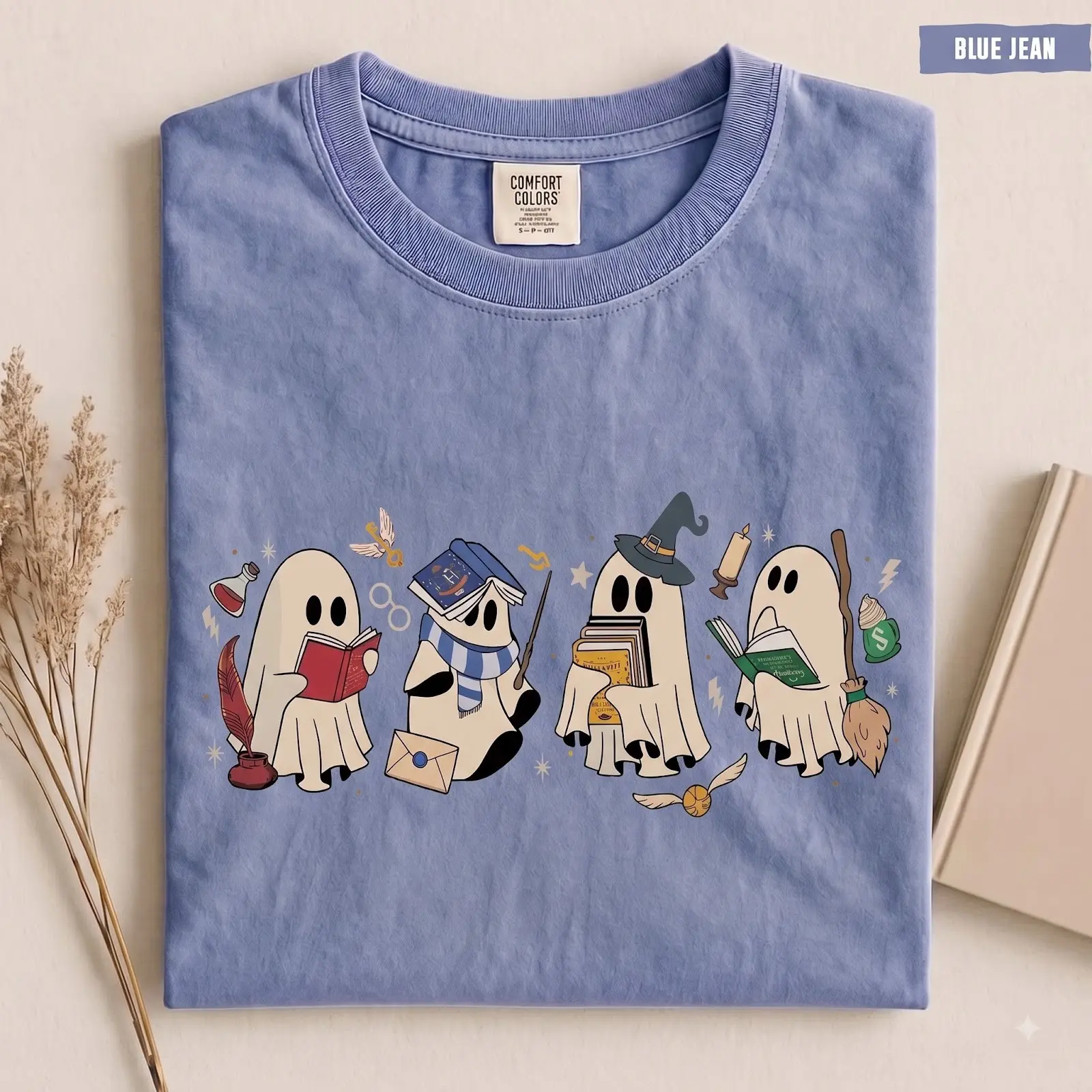 Comfort Colors Funny Wizard Ghost Halloween Shirt, Bookish Book Lover Spooky Season Graphic Tee